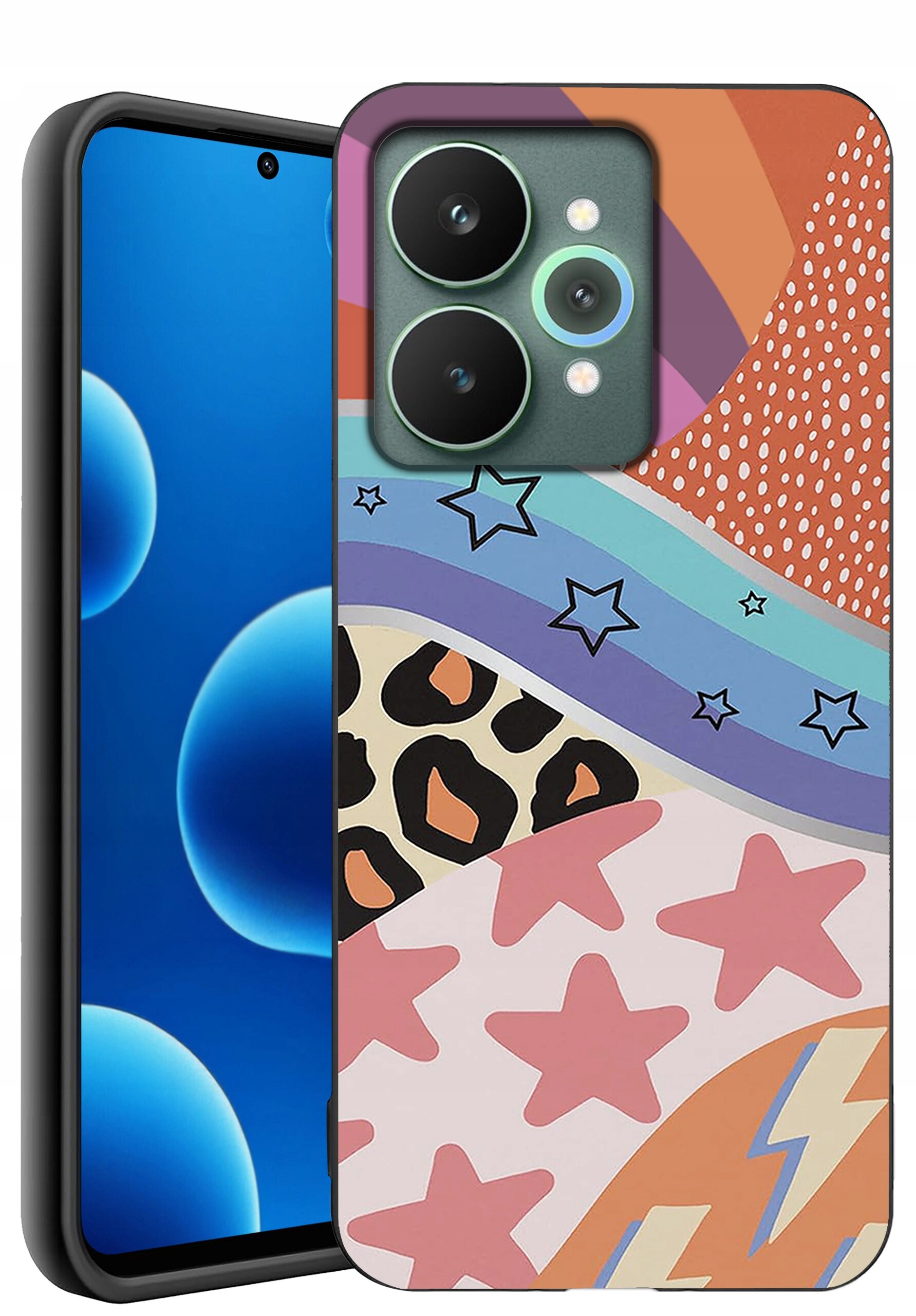 Etui na telefon z kolorowym wzorem zawierającym gwiazdy, paski i motywy zwierzęce. Obok widoczny jest telefon z niebieskim ekranem i trzema aparatami.