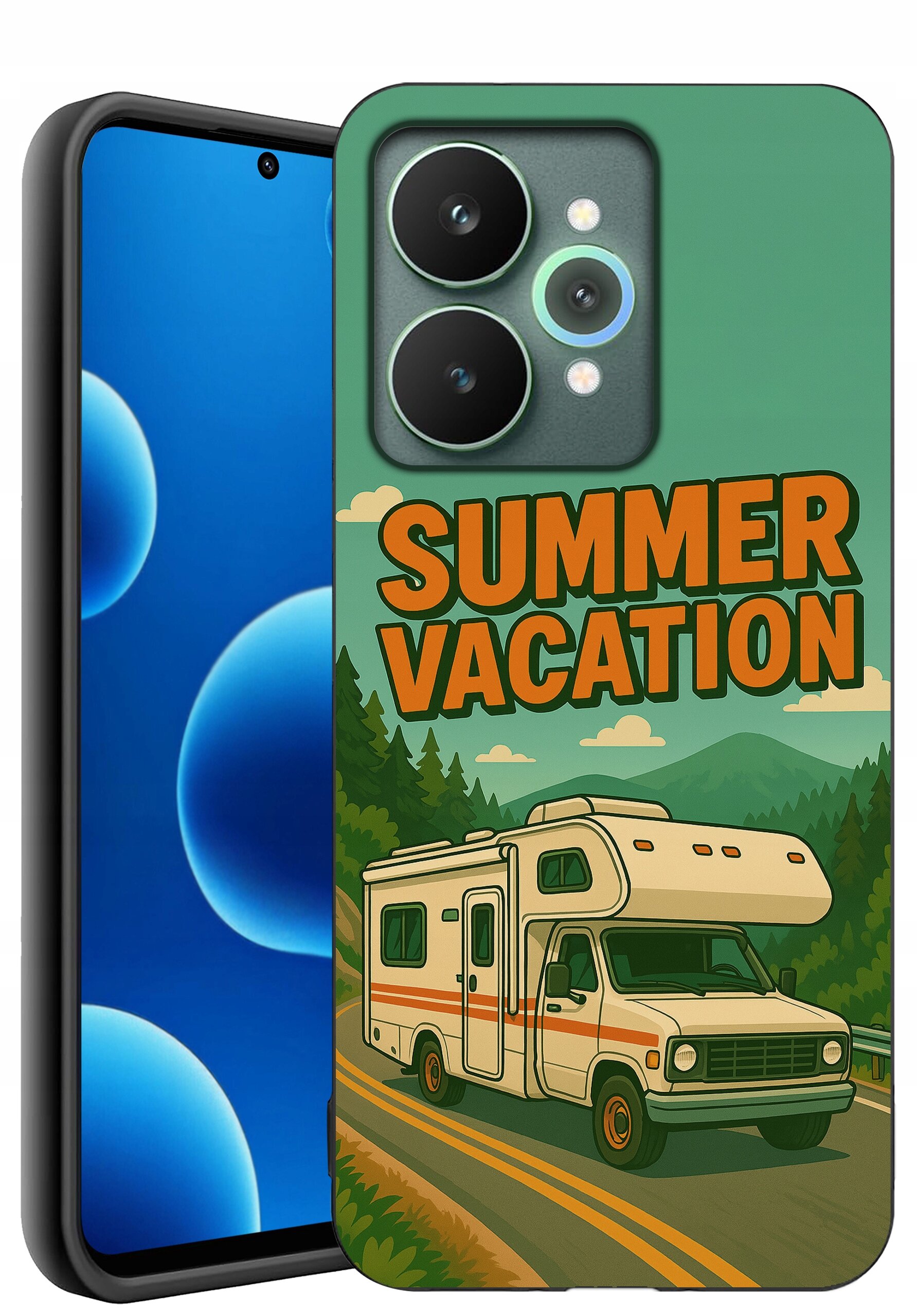Etui na telefon z grafiką przedstawiającą kampera na drodze w otoczeniu gór i lasów oraz napisem \'SUMMER VACATION\'.