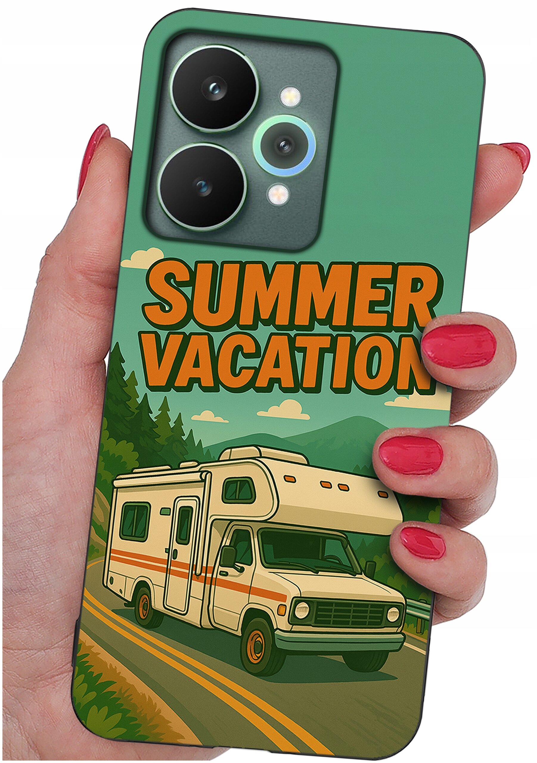 Etui na telefon z grafiką przedstawiającą kampera na drodze, z napisem \'SUMMER VACATION\'. Etui trzymane jest w dłoni z pomalowanymi na czerwono paznokciami.
