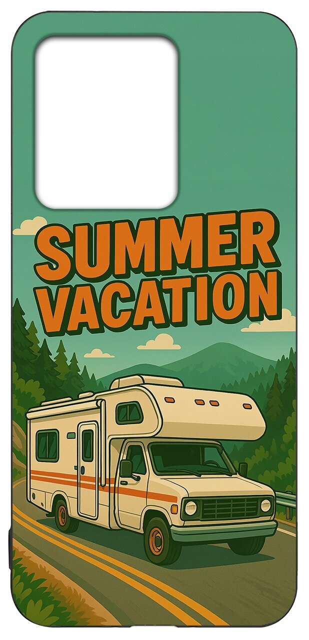 Etui z grafiką przedstawiającą kampera na drodze w otoczeniu gór i lasów, z napisem \'SUMMER VACATION\'.