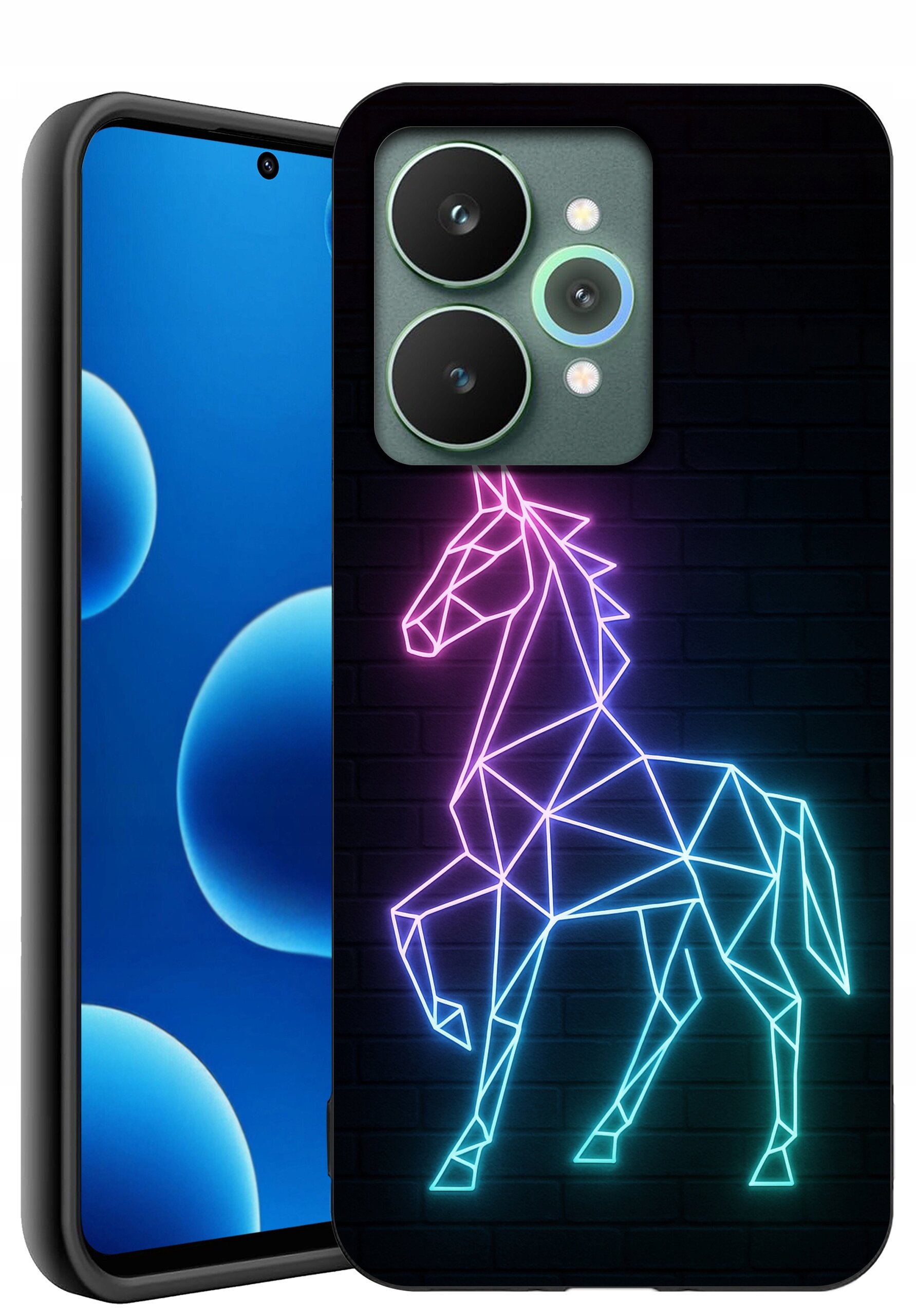 Obraz przedstawia telefon z etui, na którym widoczny jest neonowy wzór konia złożony z geometrycznych linii. Tło etui jest ciemne, a ekran telefonu pokazuje niebieskie bąbelki.