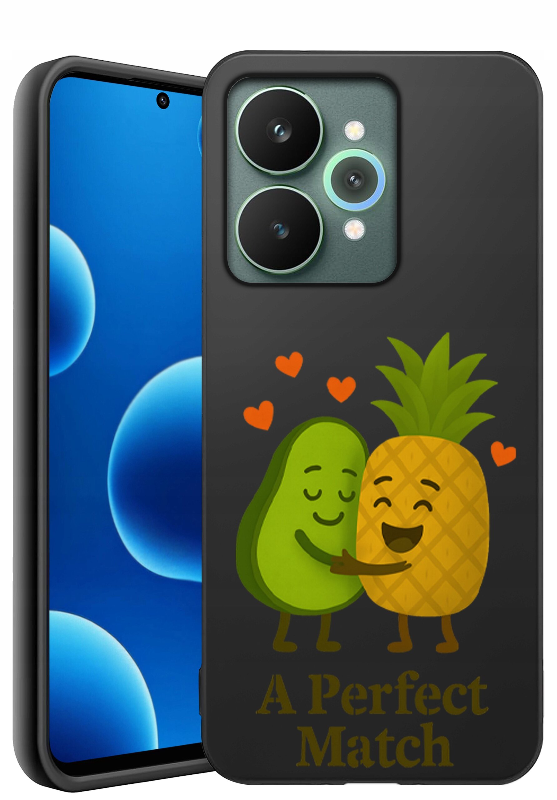 Etui na telefon z grafiką przedstawiającą uśmiechnięte awokado i ananasa z napisem \'A Perfect Match\'. W tle widoczny jest ekran telefonu z niebieskimi bąbelkami.