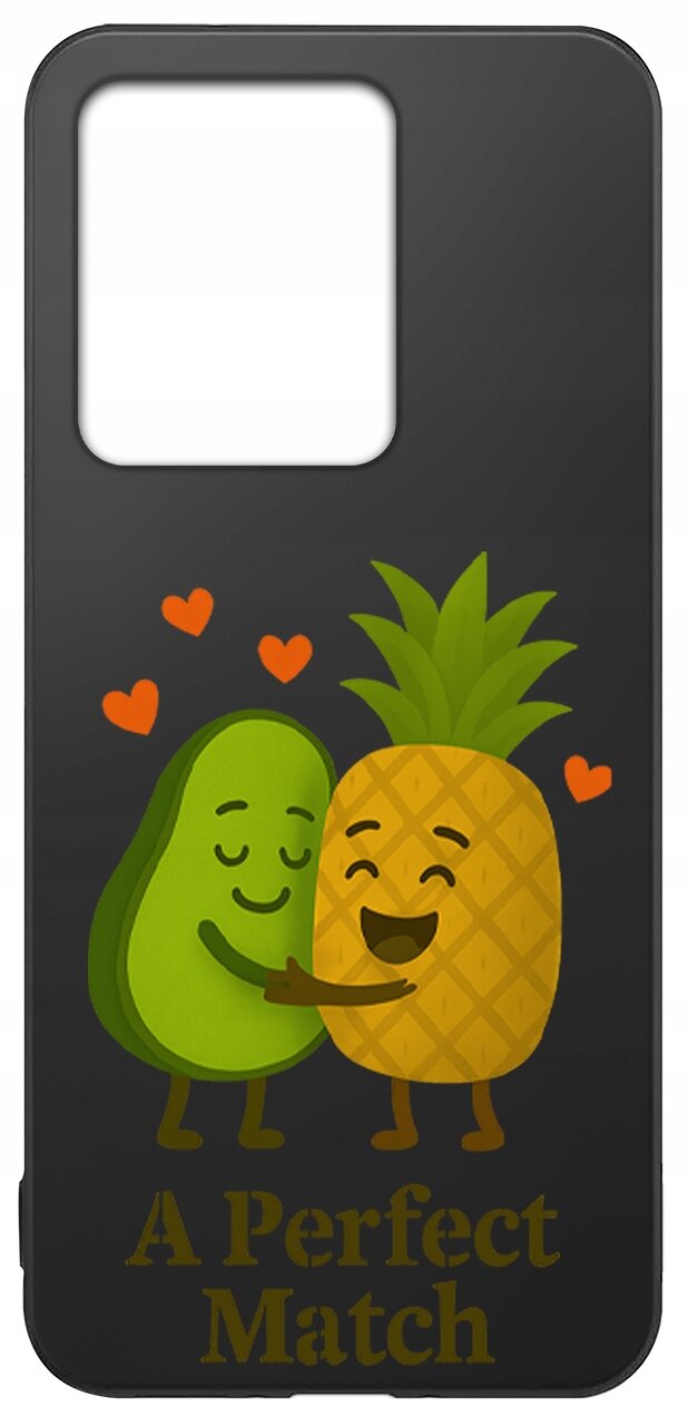 Czarne etui z grafiką przedstawiającą uśmiechnięte awokado i ananasa przytulające się, otoczone czerwonymi serduszkami. Na dole widnieje napis \'A Perfect Match\'.