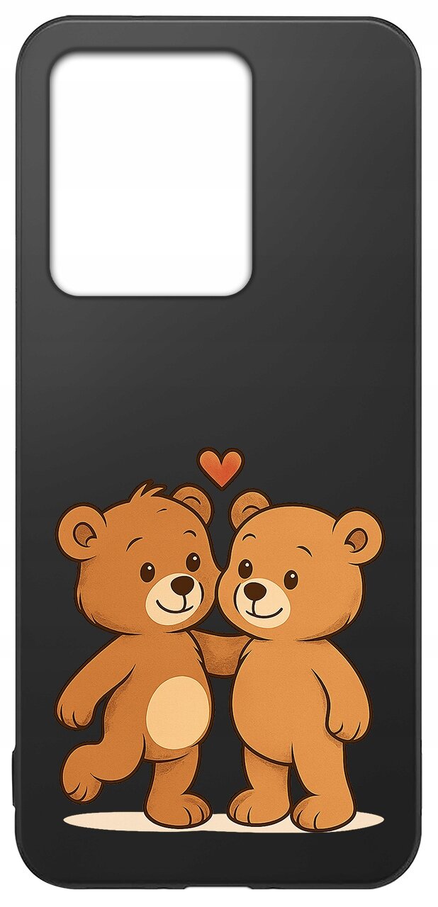 Czarne etui na telefon z grafiką dwóch uśmiechniętych misiów i małym sercem nad nimi.