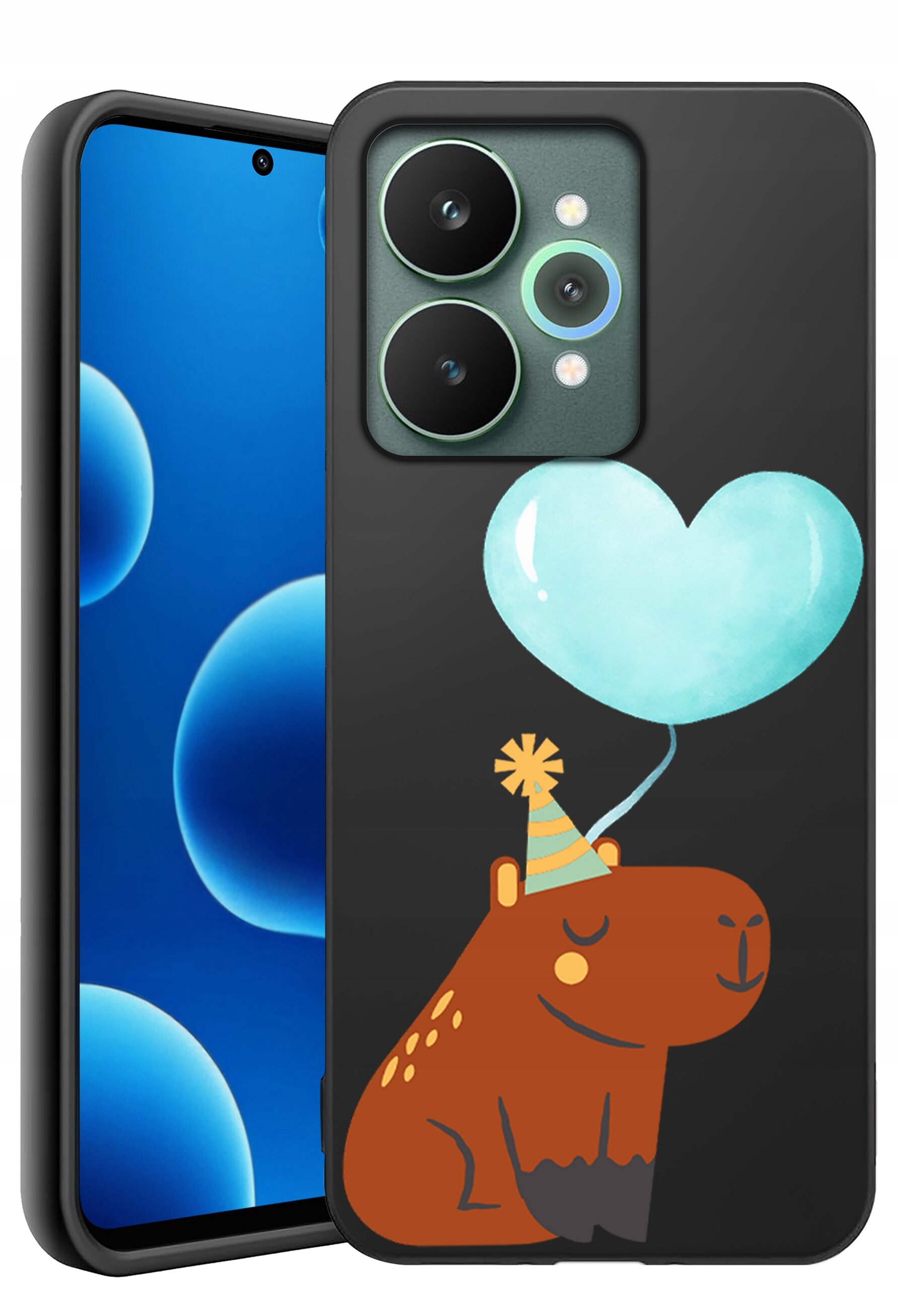 Etui na telefon z grafiką przedstawiającą brązowe zwierzę w czapce imprezowej oraz niebieski balon w kształcie serca. Telefon w etui ma ekran z niebieskimi bąbelkami.