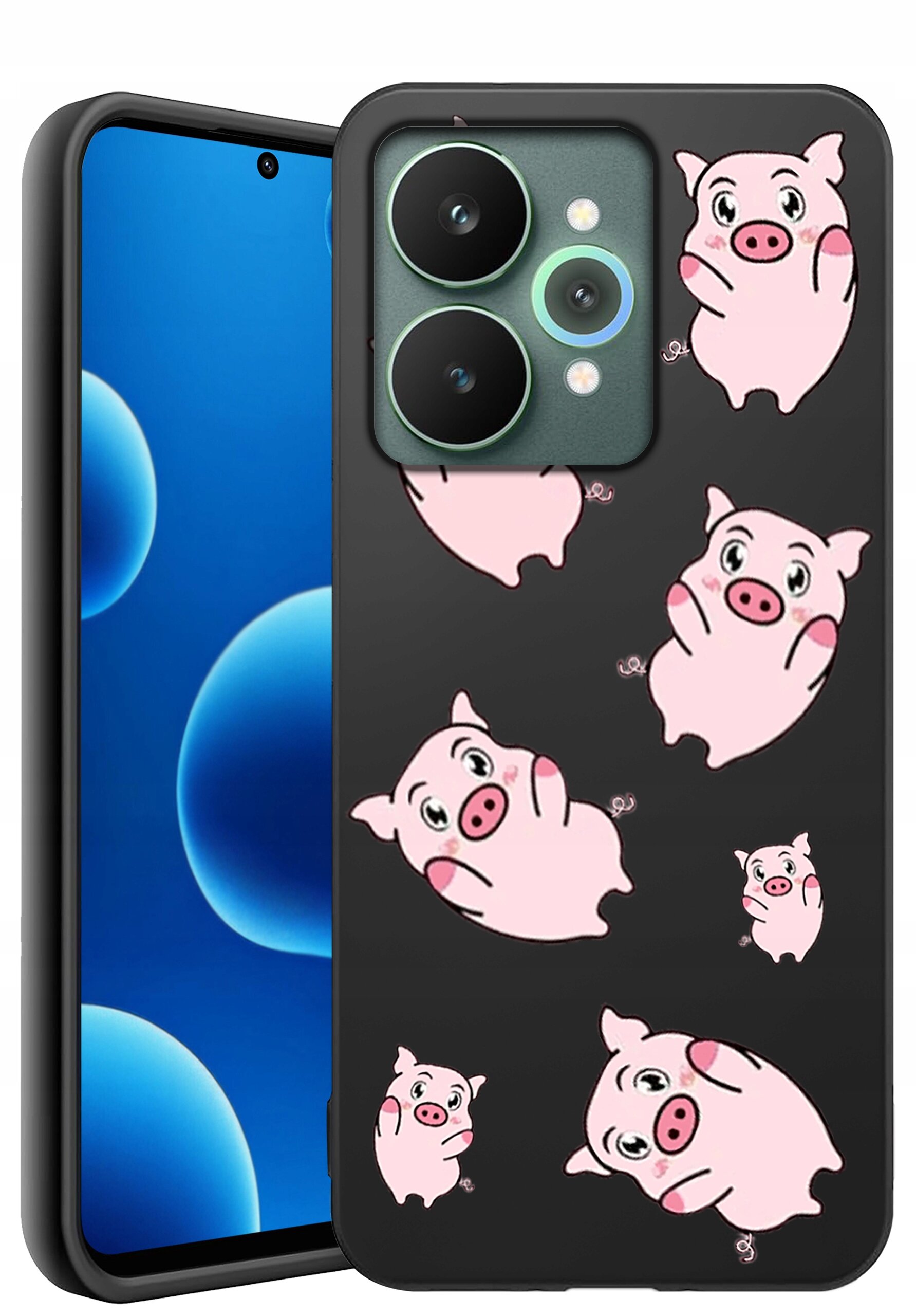 Etui na telefon z czarnym tłem ozdobione różowymi grafikami świnek w różnych pozach. Obok etui widoczny jest telefon z niebieskim ekranem.