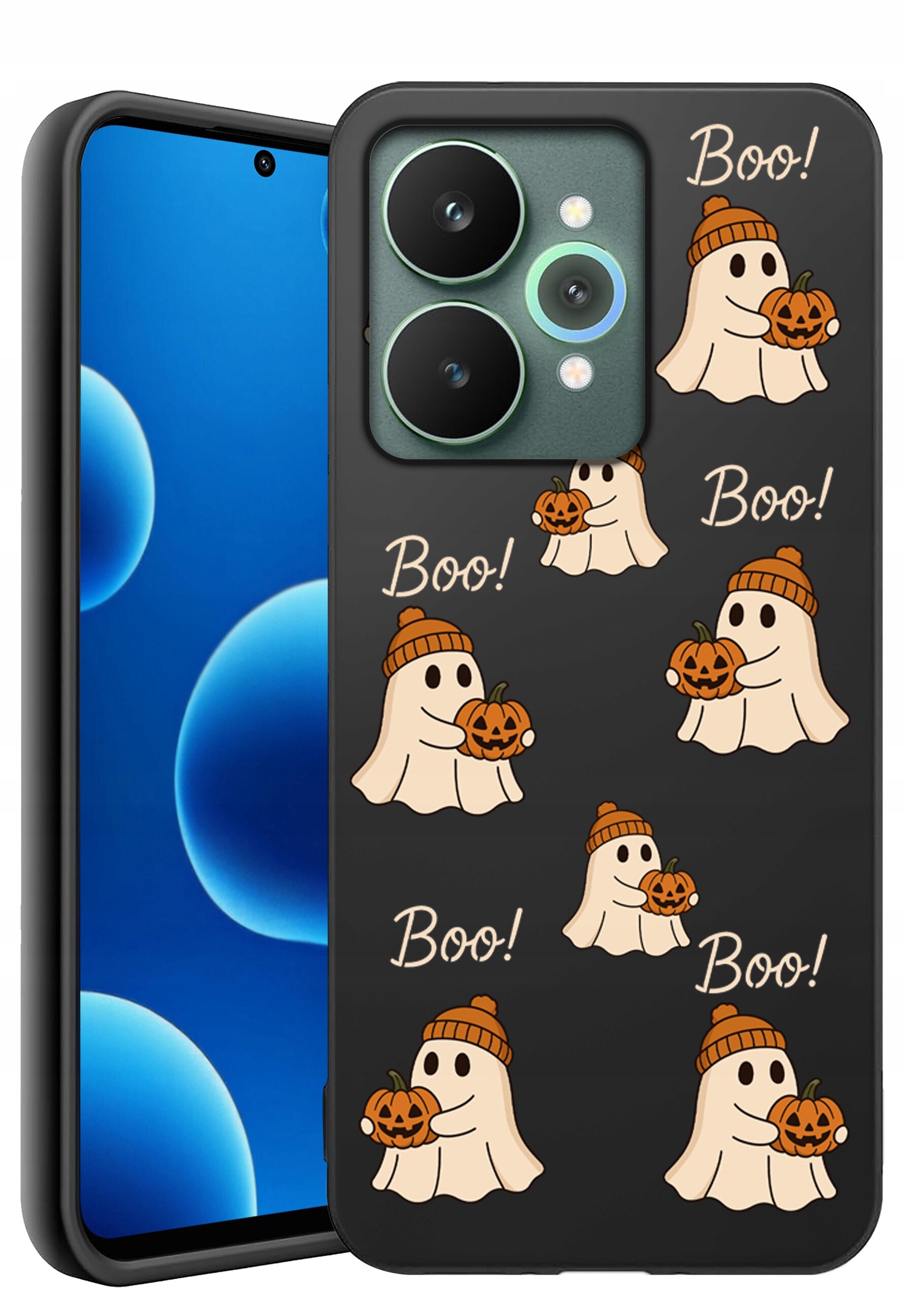 Etui na telefon z motywem duchów trzymających dynie, z napisem \'Boo!\' na czarnym tle. Obok widoczny jest telefon z niebieskim ekranem.