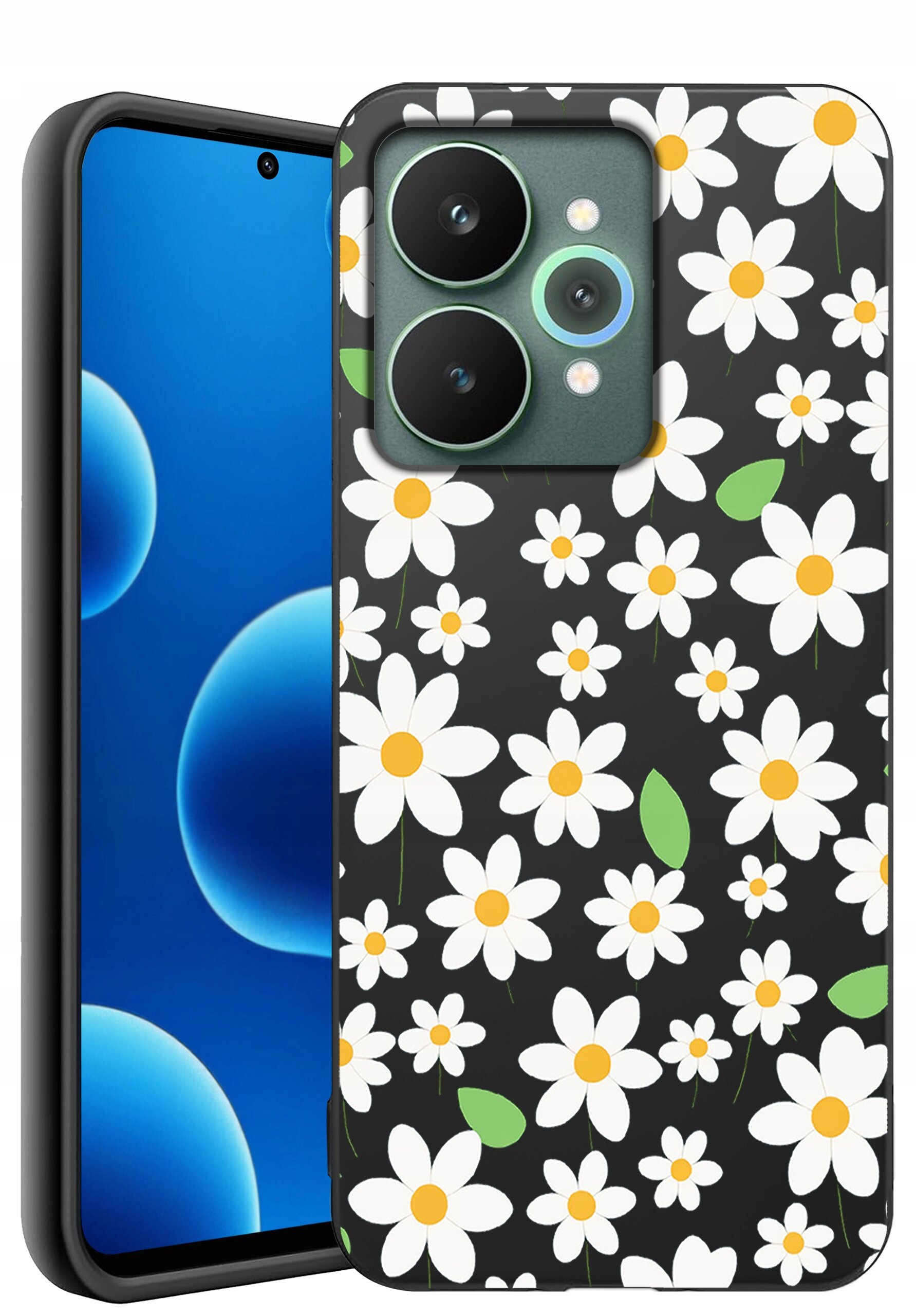 Na obrazie widoczny jest telefon z etui ozdobionym wzorem białych kwiatów z żółtymi środkami i zielonymi liśćmi na czarnym tle. Ekran telefonu wyświetla niebieskie okręgi na ciemnym tle.