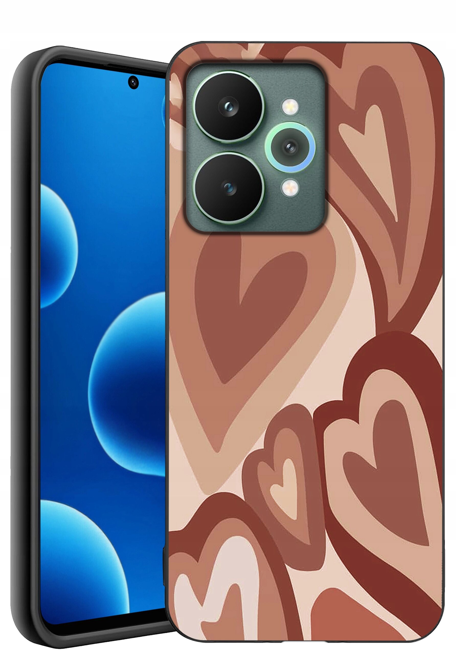 Etui na telefon z wzorem w brązowe serca, z trzema widocznymi aparatami fotograficznymi. Obok etui widoczny jest ekran telefonu z niebieskimi bąbelkami na czarnym tle.