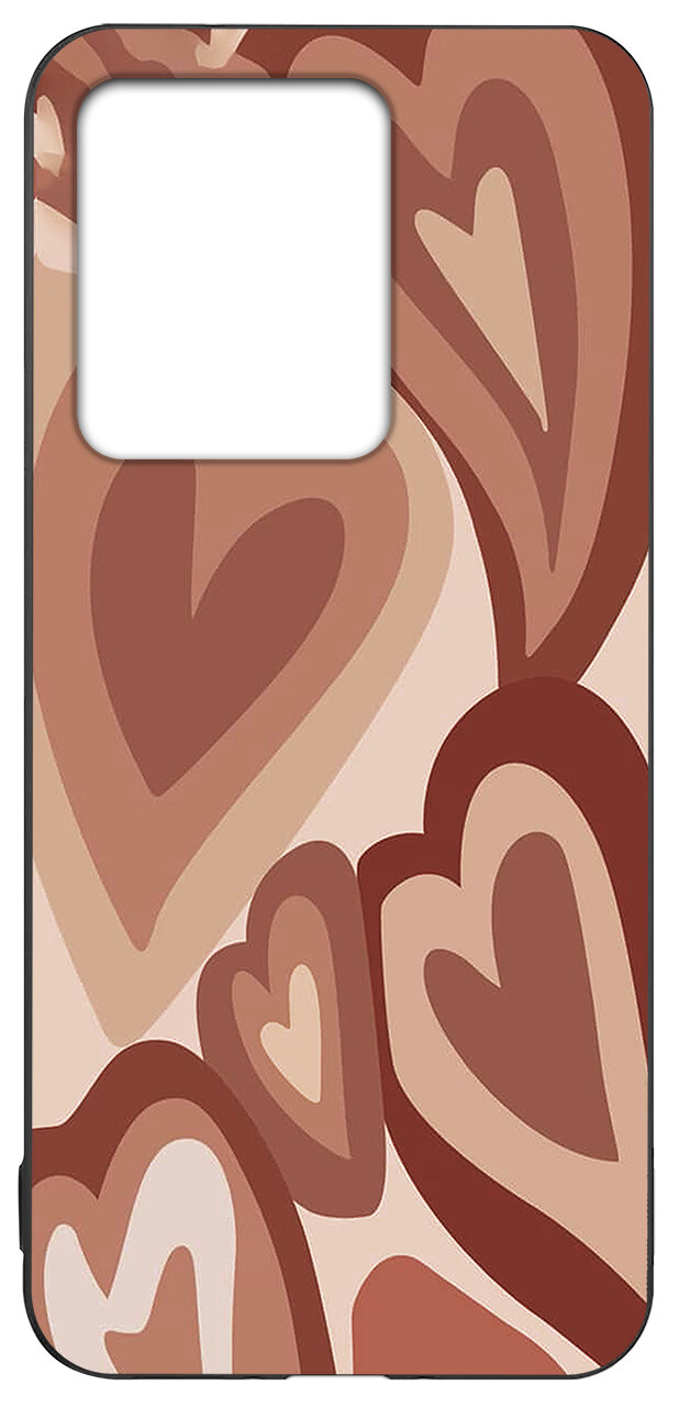 Etui na telefon z wzorem w serca w odcieniach brązu i beżu. Posiada wycięcie na aparat.