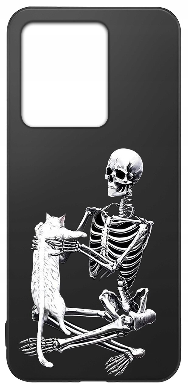 Czarne etui z nadrukiem szkieletu trzymającego białego kota. Etui ma wycięcie na aparat w górnej części.