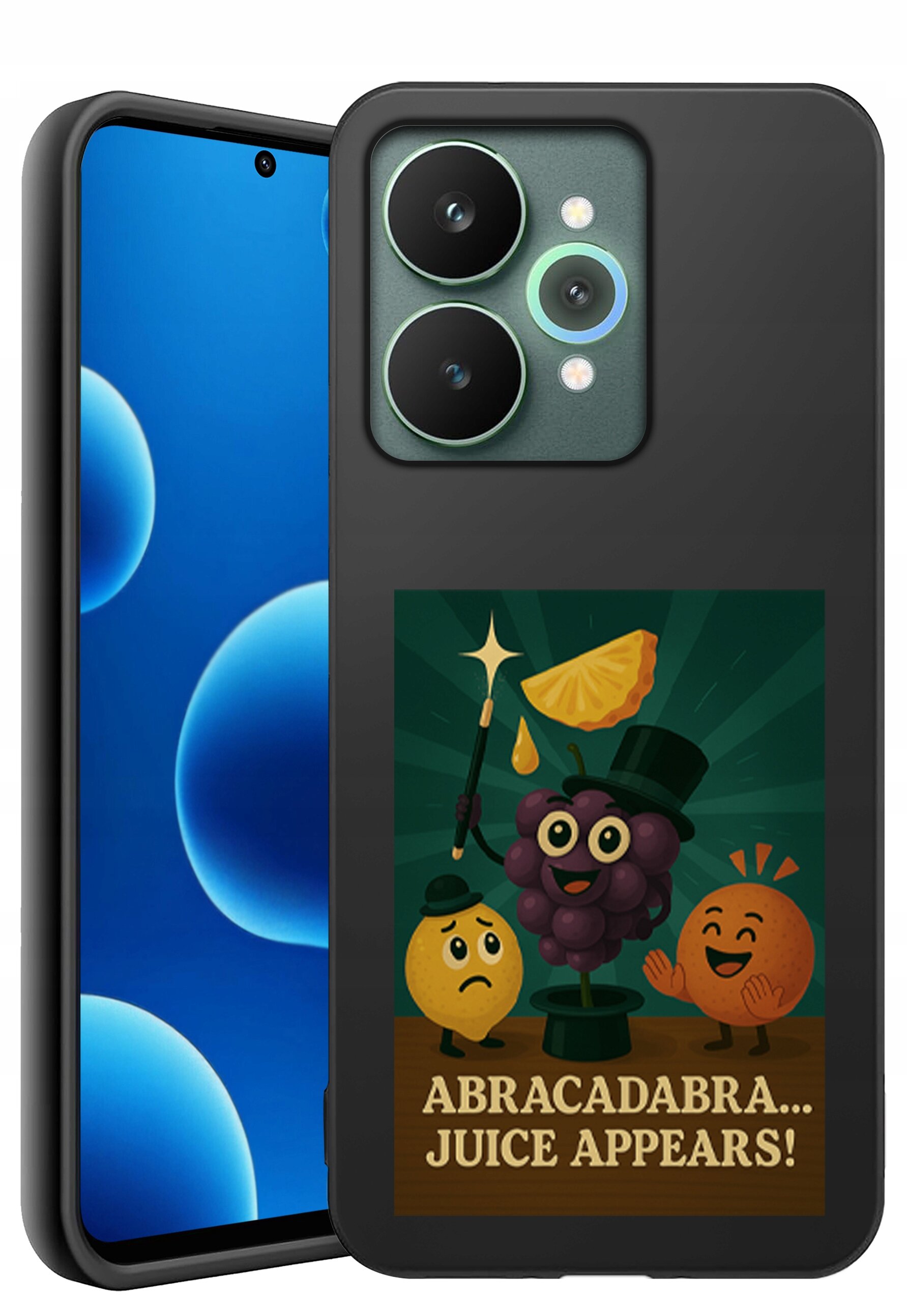 Etui na telefon z grafiką przedstawiającą postacie owoców, w tym winogrono w cylindrze, cytrynę i pomarańczę, oraz napis \'ABRACADABRA... JUICE APPEARS!\'.
