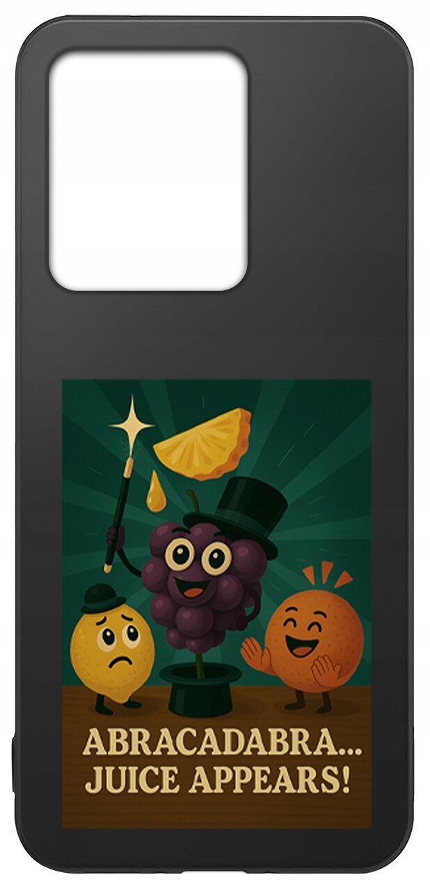 Czarne etui z grafiką przedstawiającą owoce: winogrono w cylindrze, cytrynę i pomarańczę, oraz napis \'ABRACADABRA... JUICE APPEARS!\'.