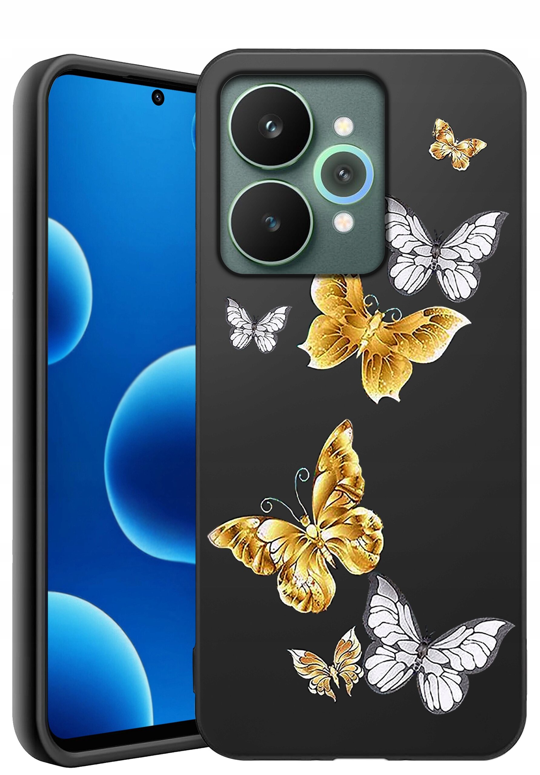 Czarne etui na telefon z wzorem kolorowych motyli w odcieniach złota i bieli. Obok etui widoczny jest telefon z niebieskim ekranem.