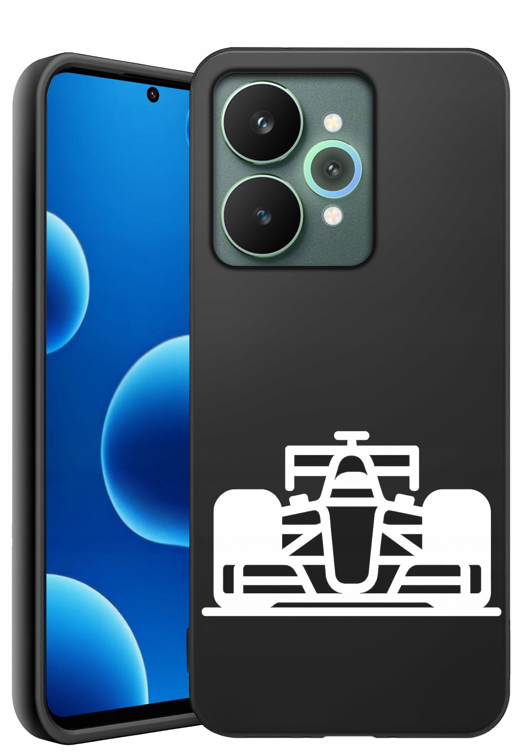 Czarne silikonowe etui z białym wzorem przedstawiającym samochód wyścigowy. Obok etui widoczny jest telefon z niebieskim ekranem i trzema aparatami.