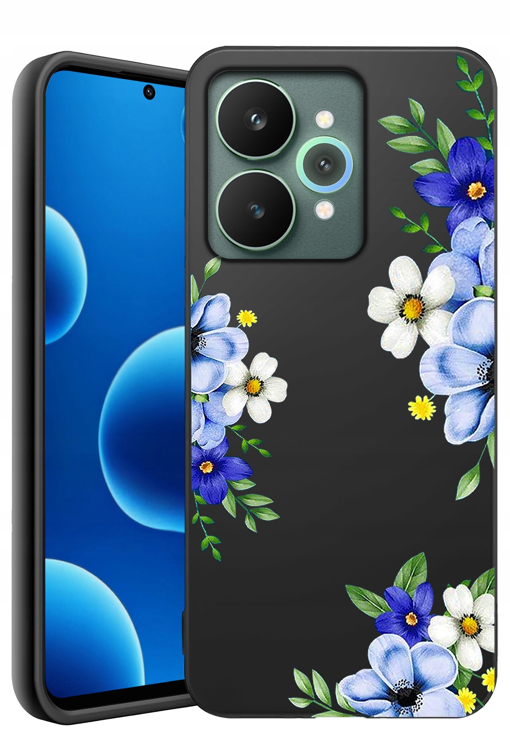 Etui na telefon z czarnym tłem ozdobione wzorem niebieskich i białych kwiatów z zielonymi liśćmi. Obok widoczny jest telefon z wyświetlaczem pokazującym niebieskie okręgi na ciemnym tle.