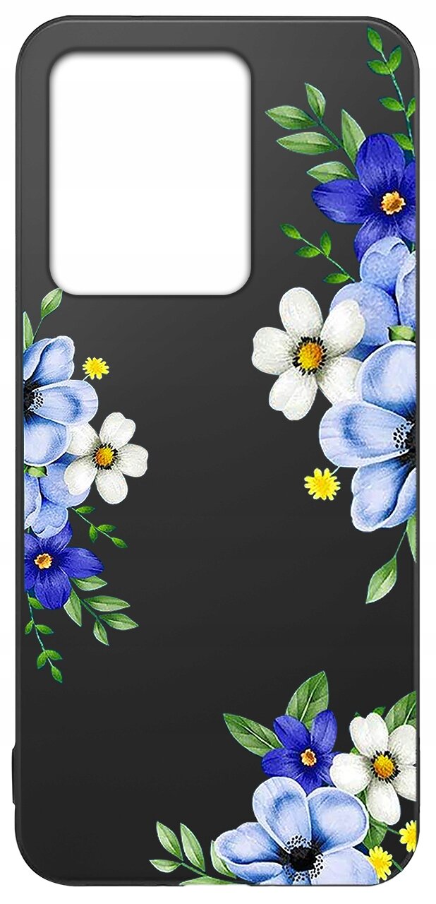 Czarne etui na telefon z kolorowym wzorem kwiatów w odcieniach niebieskiego, białego i żółtego, umieszczonym w rogach. Etui ma duży otwór na aparat w górnej części.