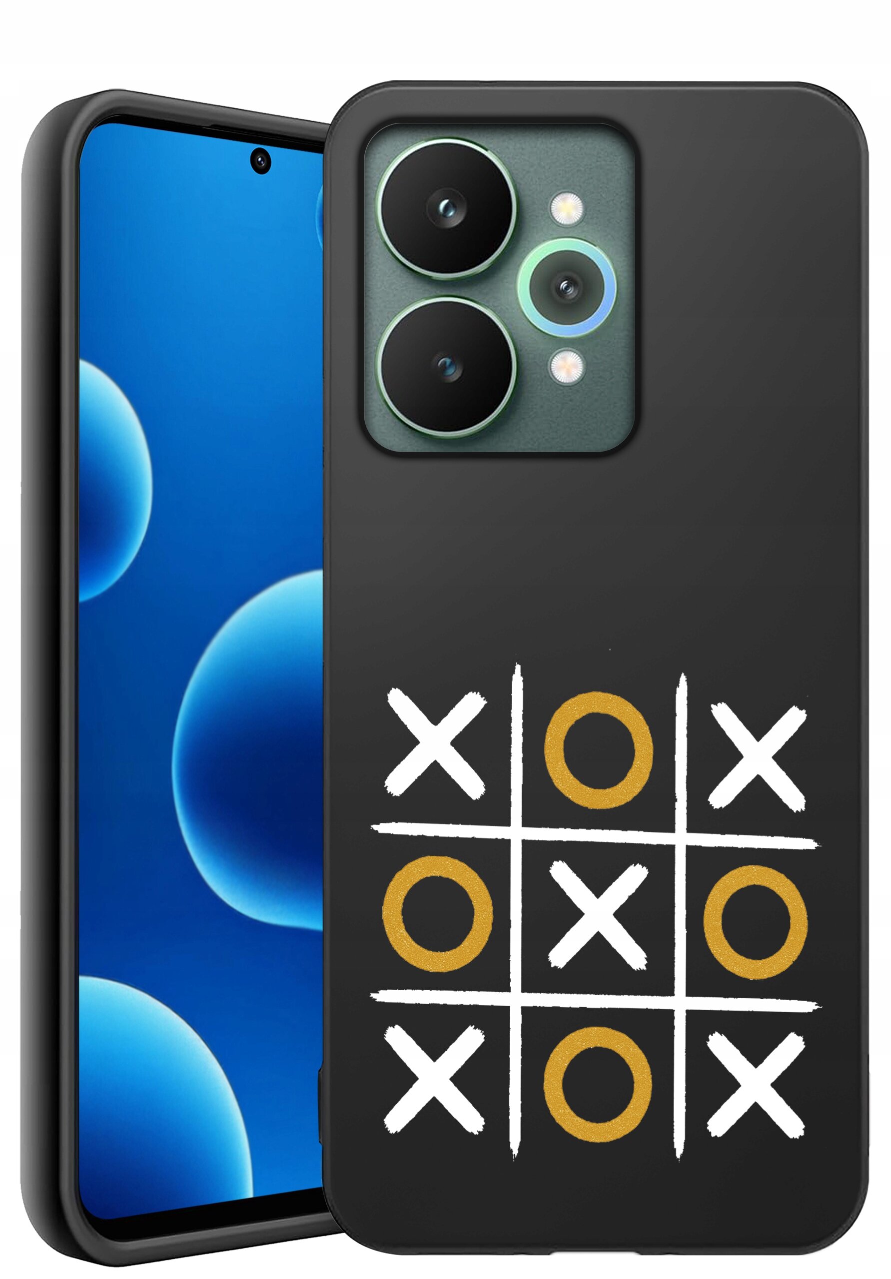 Czarne etui na telefon z wzorem gry w kółko i krzyżyk, gdzie krzyżyki są białe, a kółka złote. W tle widoczny jest telefon z niebieskim ekranem i trzema aparatami.