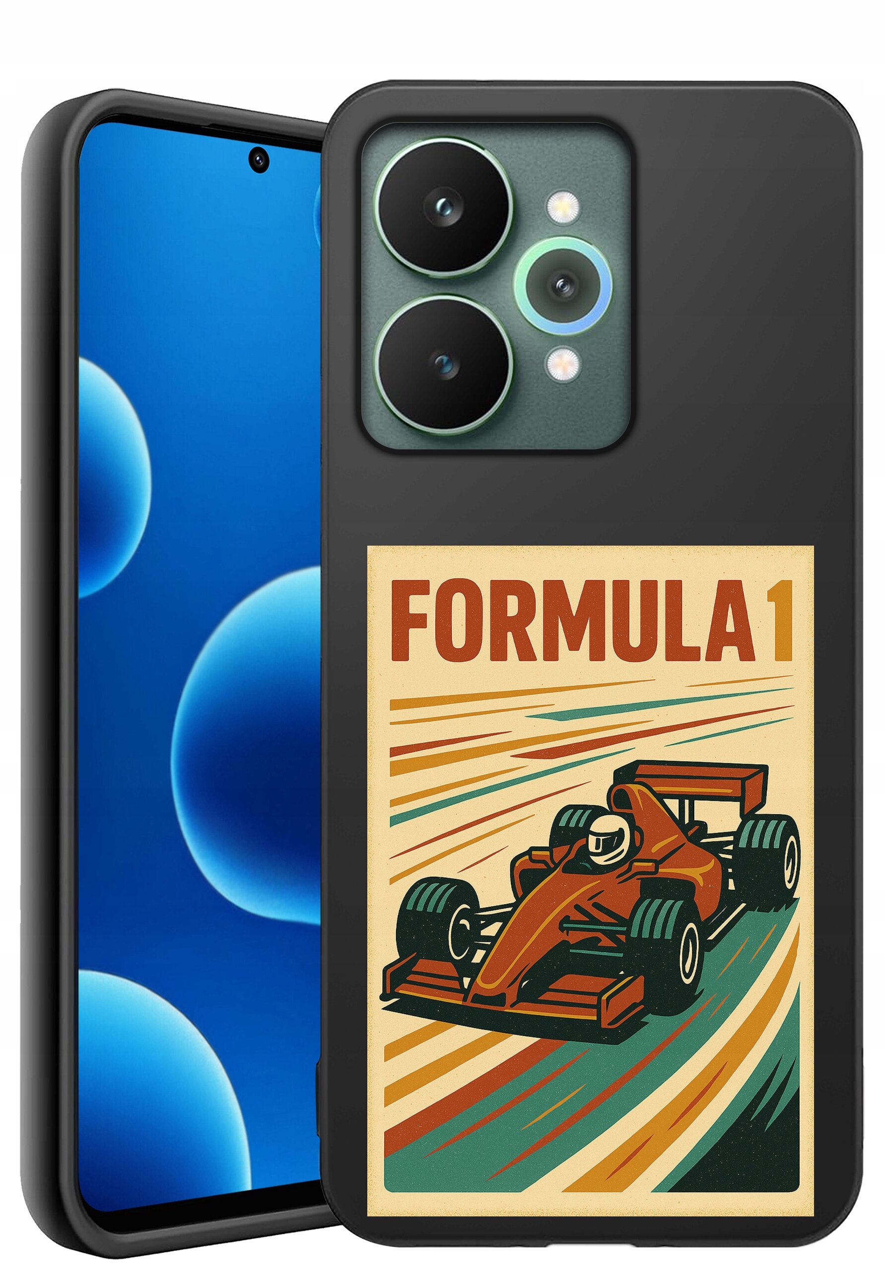 Etui na telefon z grafiką przedstawiającą samochód wyścigowy i napisem \'FORMULA 1\'. Obok etui widoczny jest telefon z wyświetlaczem pokazującym niebieskie okręgi.