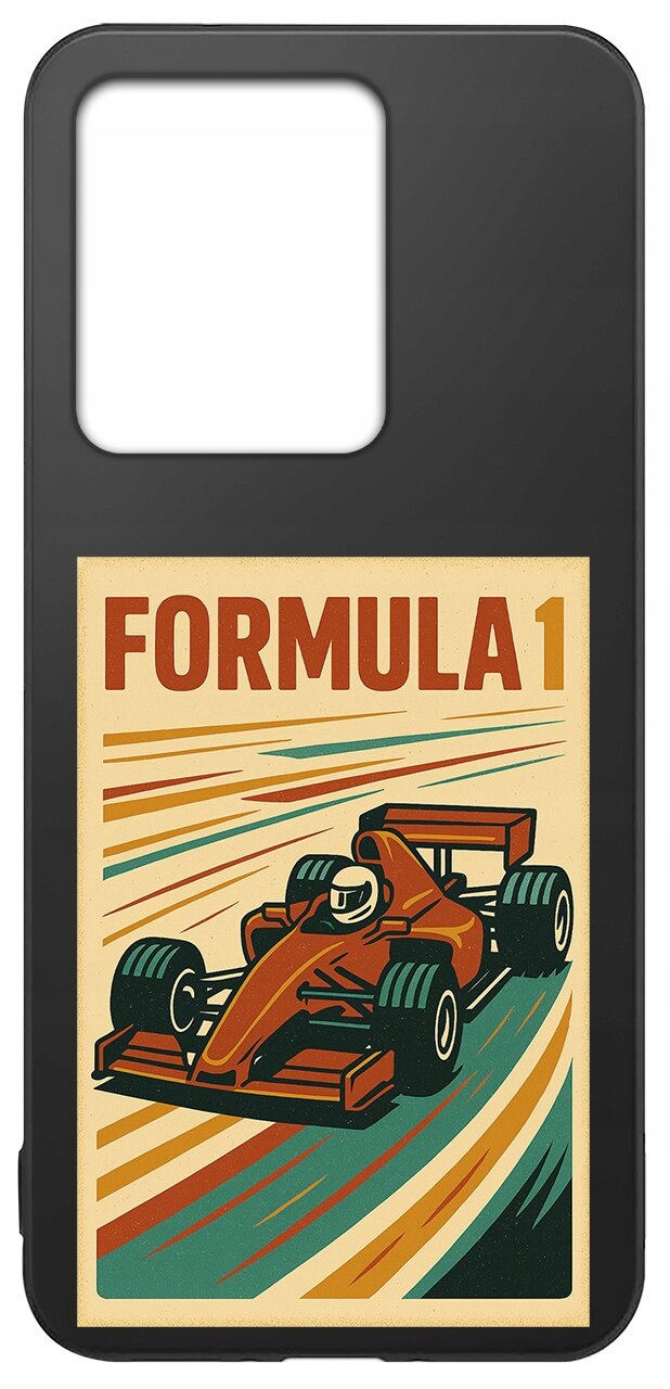 Etui na telefon z grafiką przedstawiającą czerwony bolid wyścigowy i napis \'FORMULA 1\'. Tło jest w kolorach beżu, pomarańczu i zieleni, z dynamicznymi liniami sugerującymi ruch.