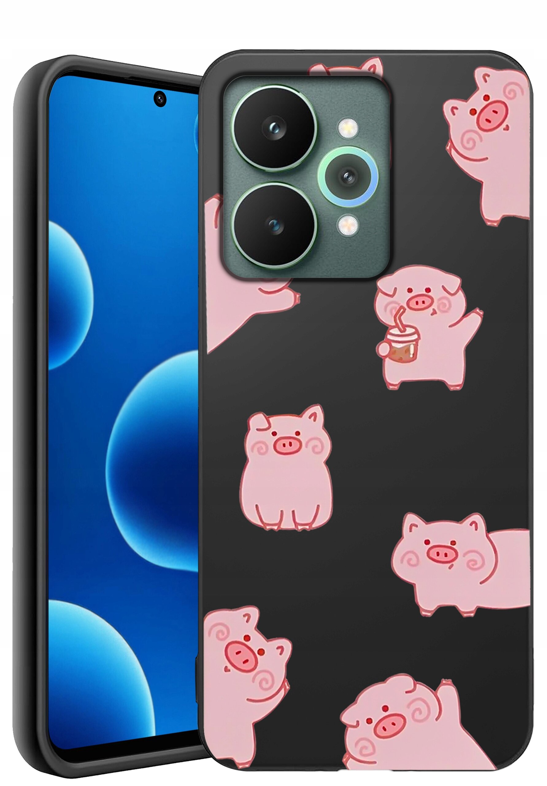 Etui na telefon z czarnym tłem ozdobione różowymi grafikami świnek w różnych pozach. Obok etui widoczny jest telefon z niebieskim ekranem z okrągłymi kształtami.