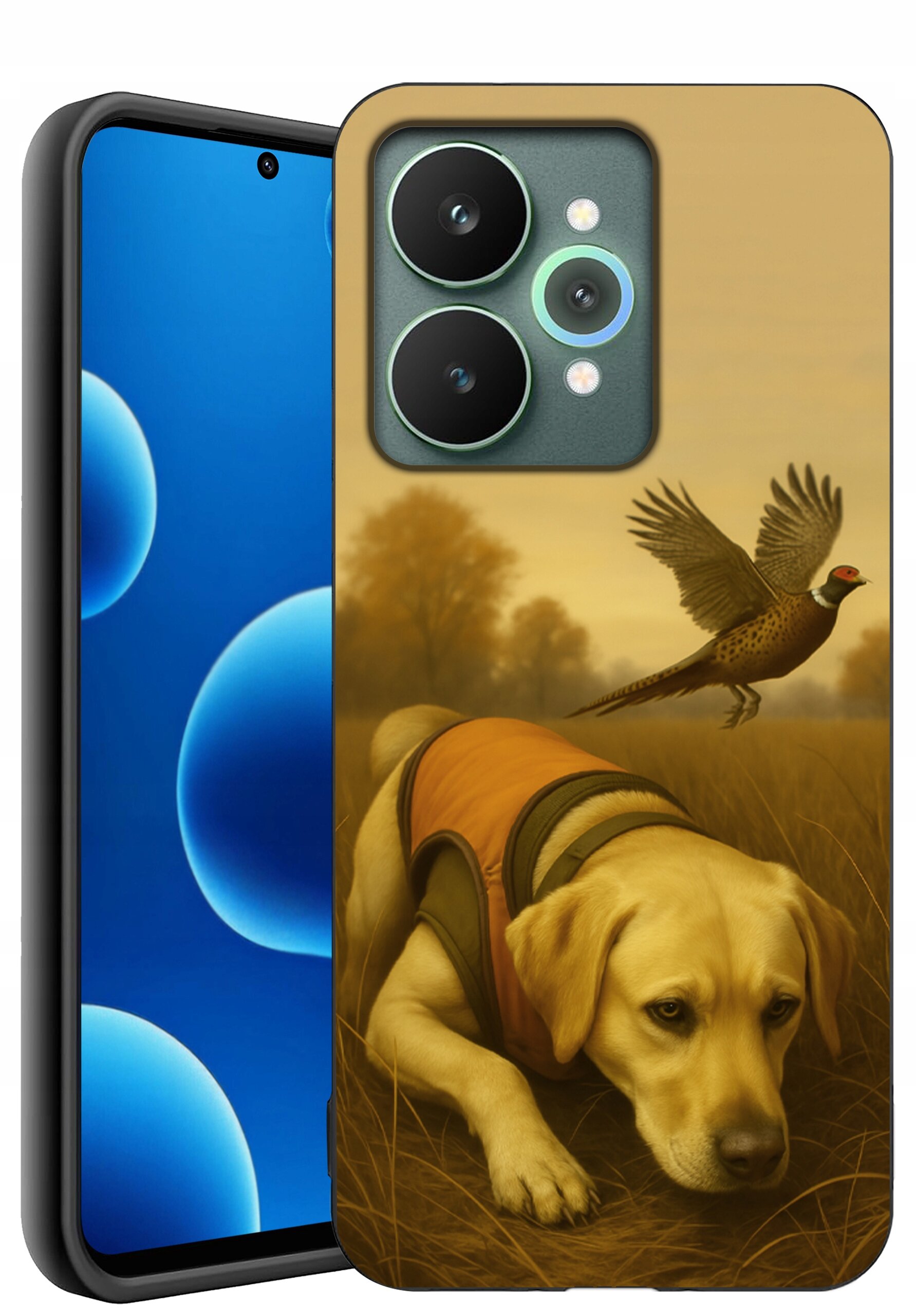 Etui na telefon z nadrukiem psa w pomarańczowej kamizelce i lecącego bażanta na tle jesiennego krajobrazu. Obok widoczny jest ekran telefonu z niebieskimi bąbelkami na czarnym tle.