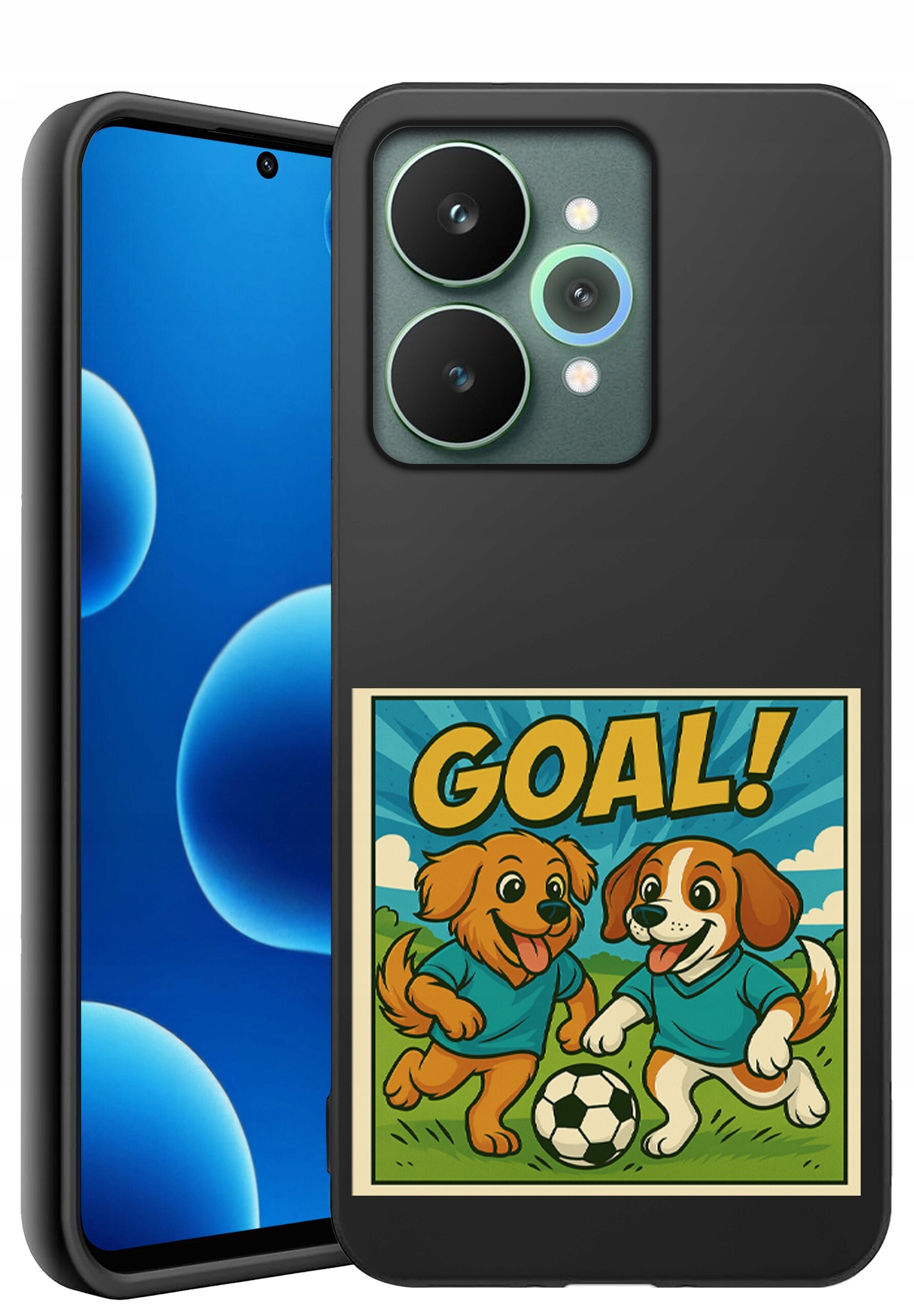 Czarne silikonowe etui na telefon z grafiką przedstawiającą dwa psy w niebieskich koszulkach grające w piłkę nożną oraz napisem \'GOAL!\'.