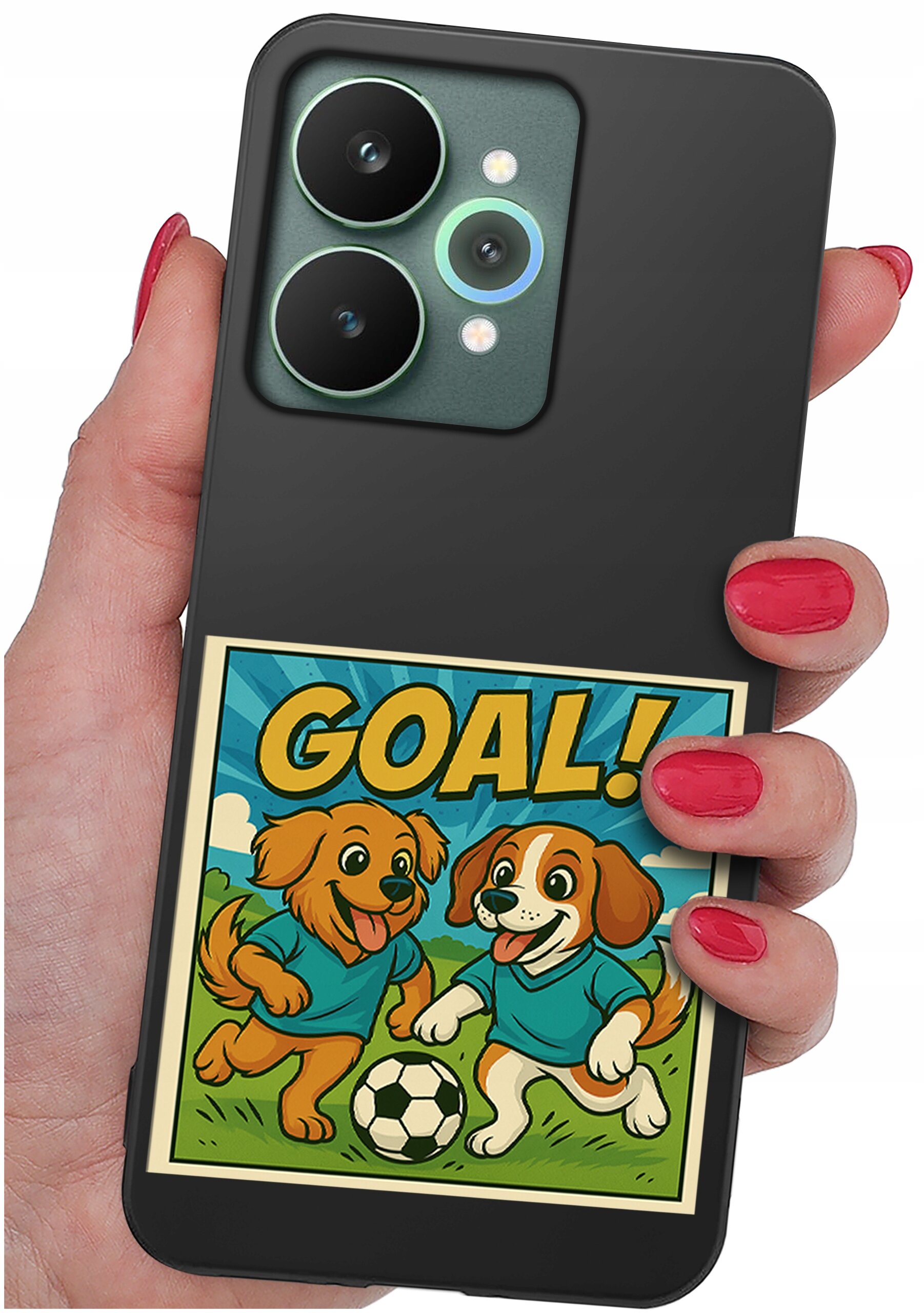Czarna obudowa telefonu z grafiką przedstawiającą dwa rysunkowe psy w niebieskich koszulkach grające w piłkę, z napisem \'GOAL!\'.
