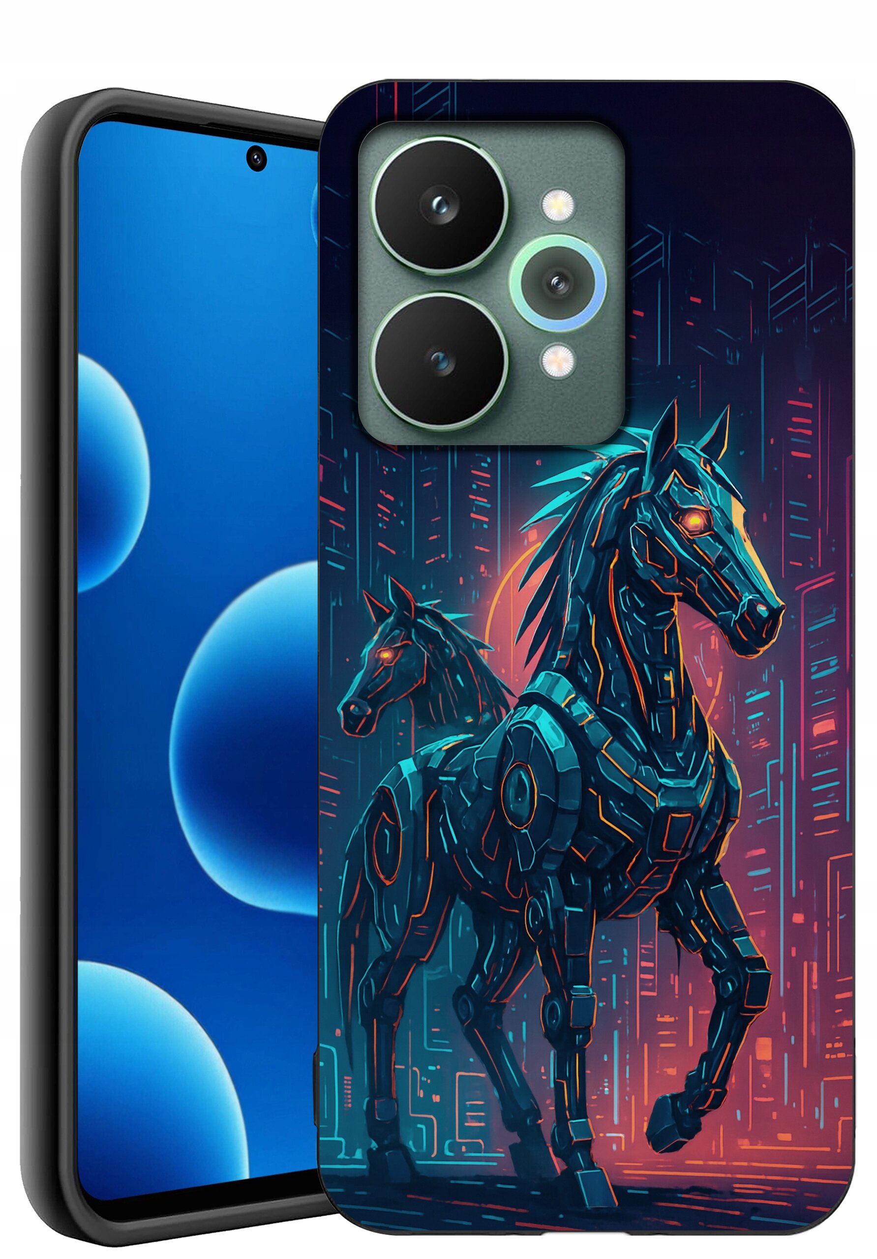 Etui na telefon z grafiką przedstawiającą dwa futurystyczne, mechaniczne konie na tle neonowego miasta. Obok widoczny jest telefon z niebieskim ekranem i trzema aparatami z tyłu.
