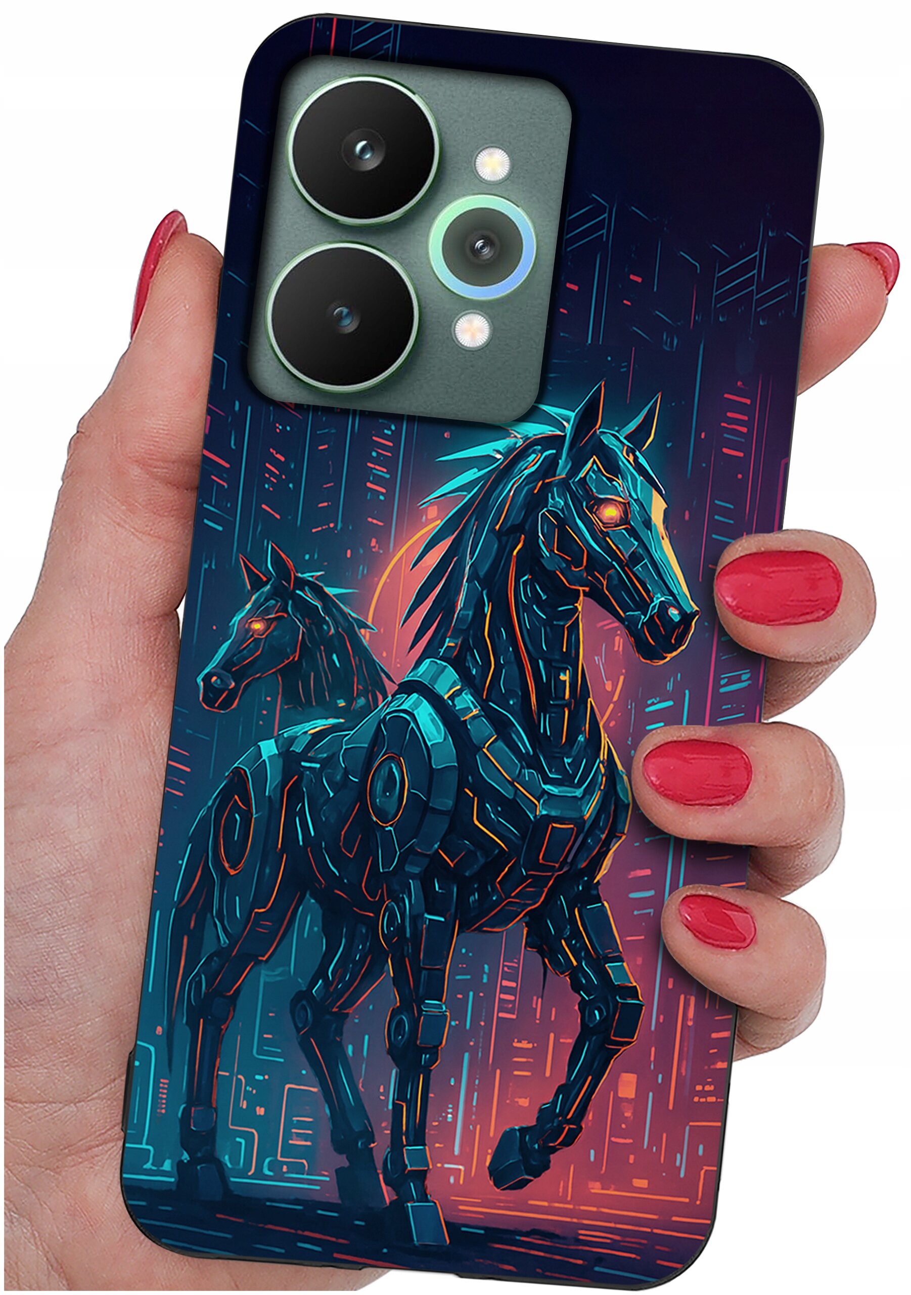 Etui na telefon z grafiką przedstawiającą dwa futurystyczne konie w stylu neonowym. Etui trzymane jest w dłoni z pomalowanymi na czerwono paznokciami.