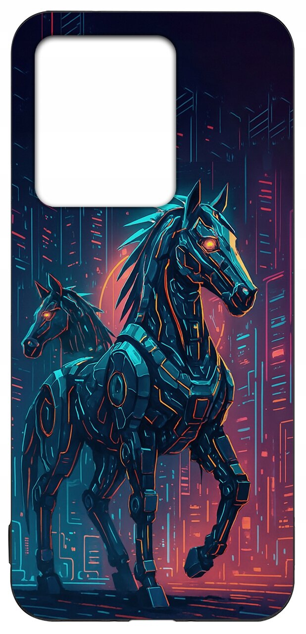 Etui na telefon z grafiką przedstawiającą dwa futurystyczne, mechaniczne konie na tle neonowego miasta. Kolory dominujące to niebieski, pomarańczowy i różowy.