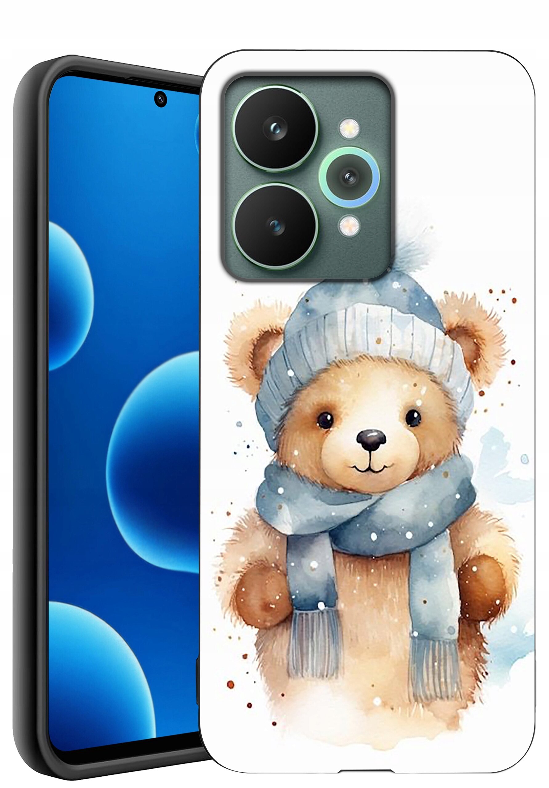 Etui na telefon z nadrukiem misia w czapce i szaliku, obok widoczny ekran telefonu z niebieskim tłem i okręgami.