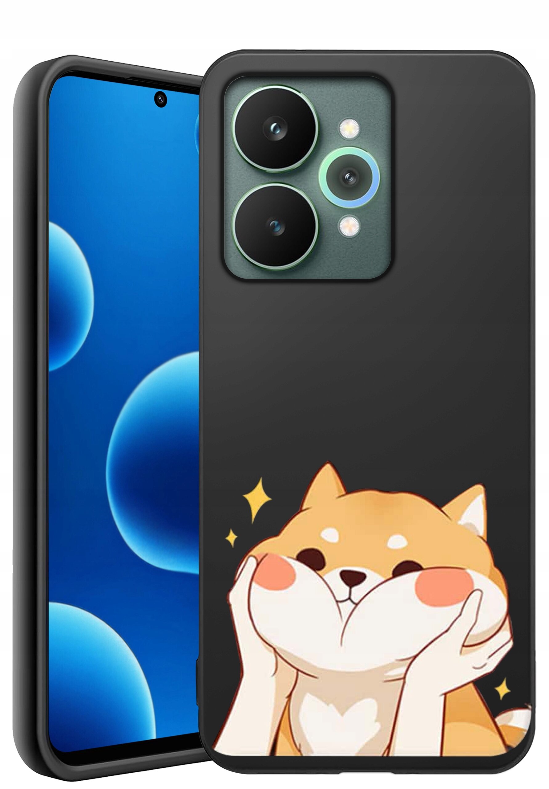 Na obrazie widoczne jest czarne etui na telefon z grafiką przedstawiającą uśmiechniętego psa z pomarańczową sierścią. W tle widać ekran telefonu z niebieskimi bąbelkami.