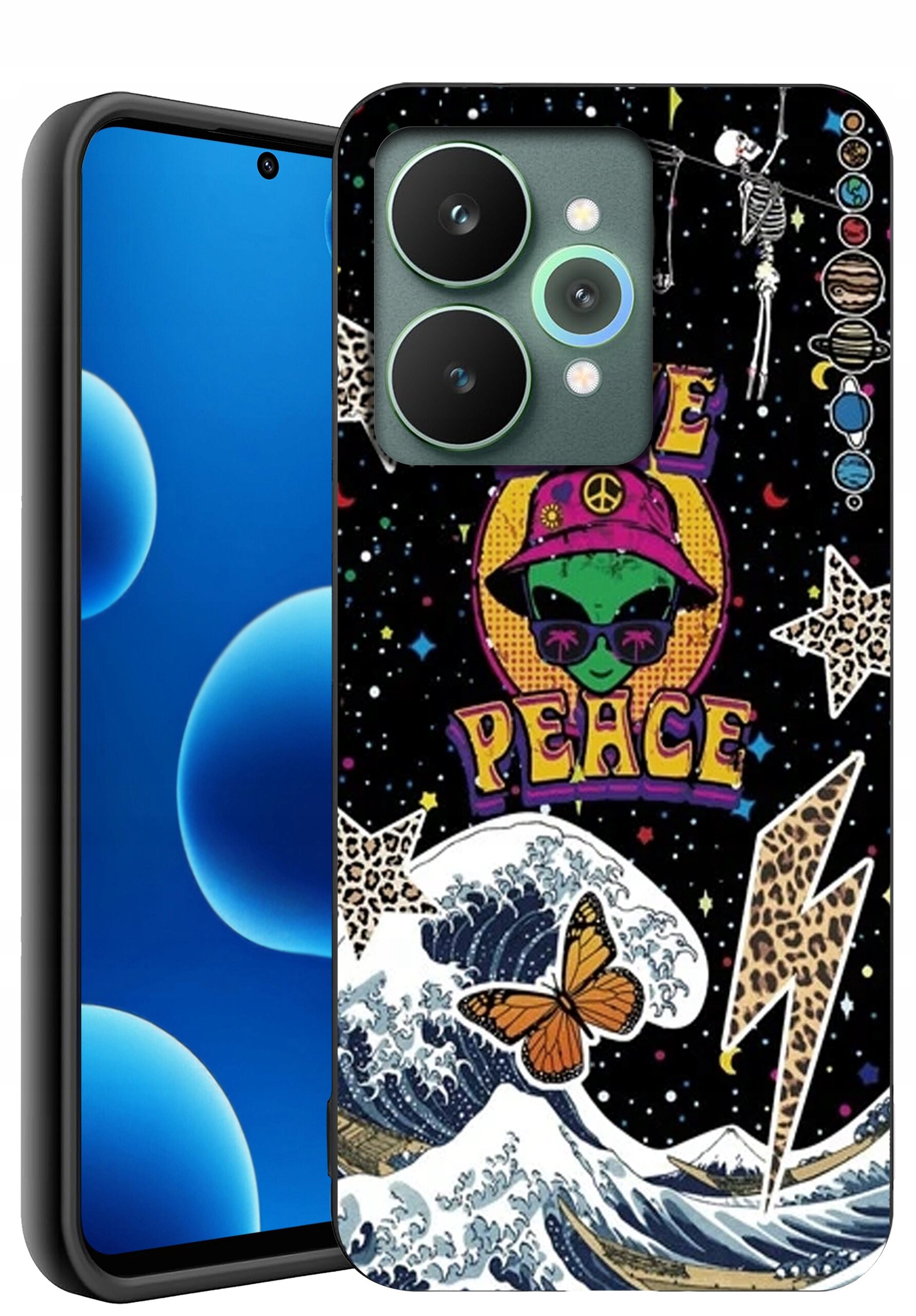 Etui na telefon z kolorowym wzorem przedstawiającym zielonego kosmitę w kapeluszu z symbolem pokoju, napis \'PEACE\', fale, motyla i gwiazdy na tle czarnego nieba z planetami i szkieletem.