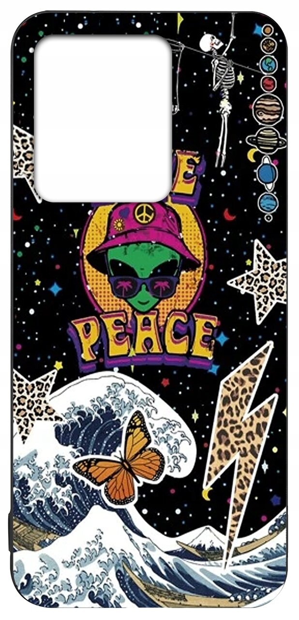 Etui na telefon z kolorowym wzorem przedstawiającym zielonego kosmitę w kapeluszu z napisem \'PEACE\', otoczonego gwiazdami, planetami, falą, motylem i błyskawicą w panterkę na czarnym tle.