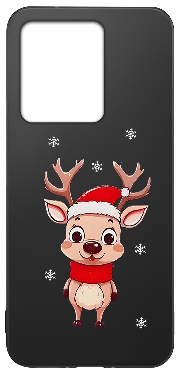 Czarne etui na telefon z grafiką renifera w czerwonej czapce i szaliku, otoczonego białymi śnieżynkami. Etui ma duży otwór na aparat w górnej części.