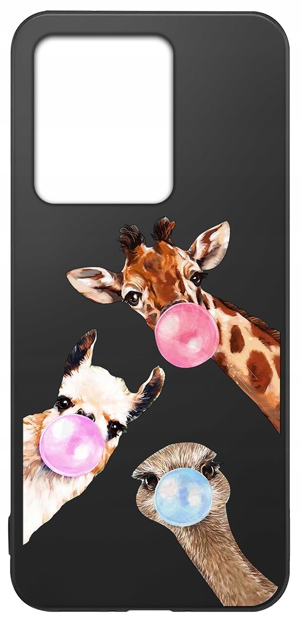 Etui na telefon z grafiką przedstawiającą trzy zwierzęta: żyrafę, lamę i strusia, dmuchające balony z gumy do żucia w różnych kolorach. Tło etui jest czarne.