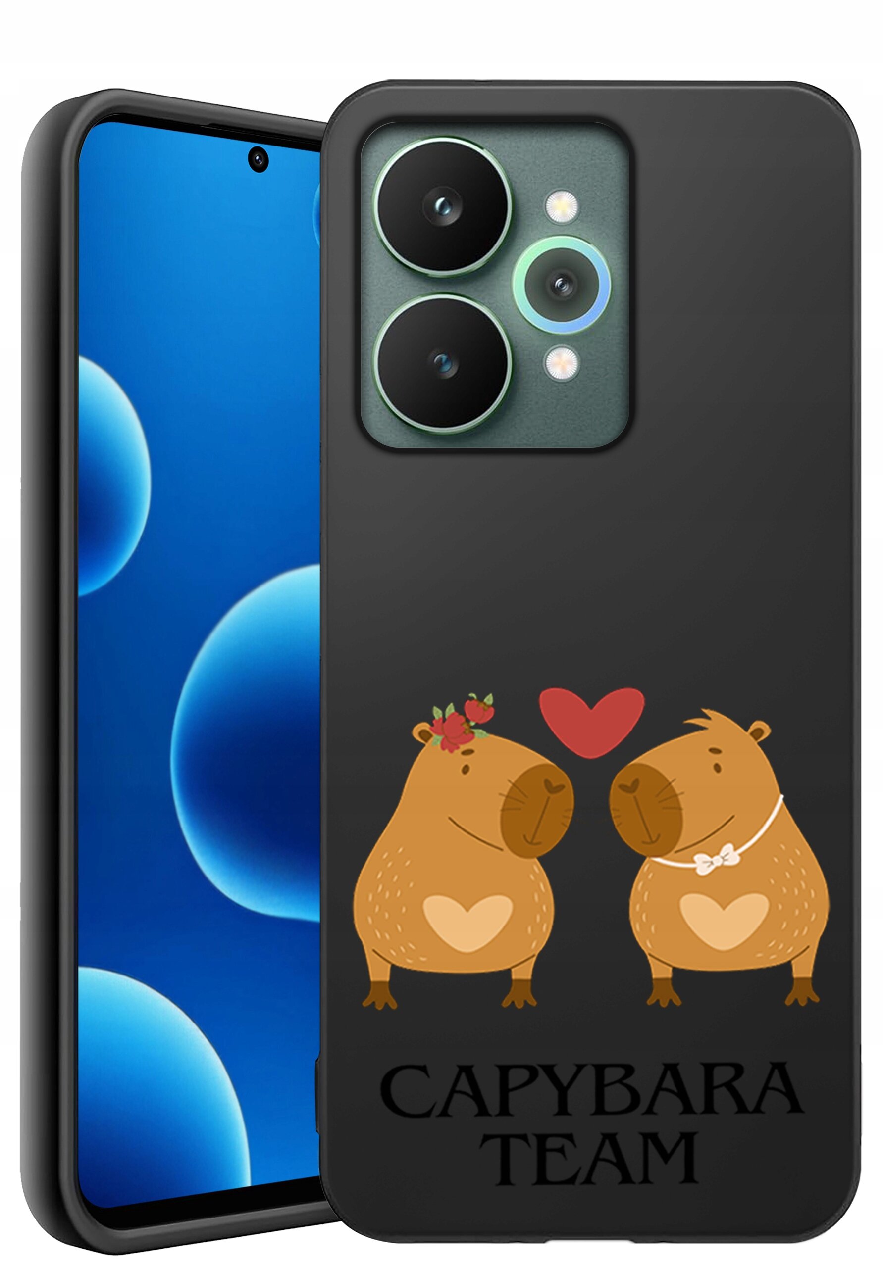 Czarne etui na telefon z grafiką dwóch kapibar z sercami na brzuchach i czerwonym sercem między nimi. Pod grafiką znajduje się napis \'CAPYBARA TEAM\'.