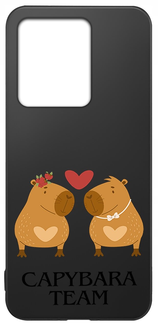 Czarne etui z grafiką dwóch kapibar z sercami na brzuchach, nad którymi unosi się czerwone serce. Na dole widnieje napis \'CAPYBARA TEAM\'.