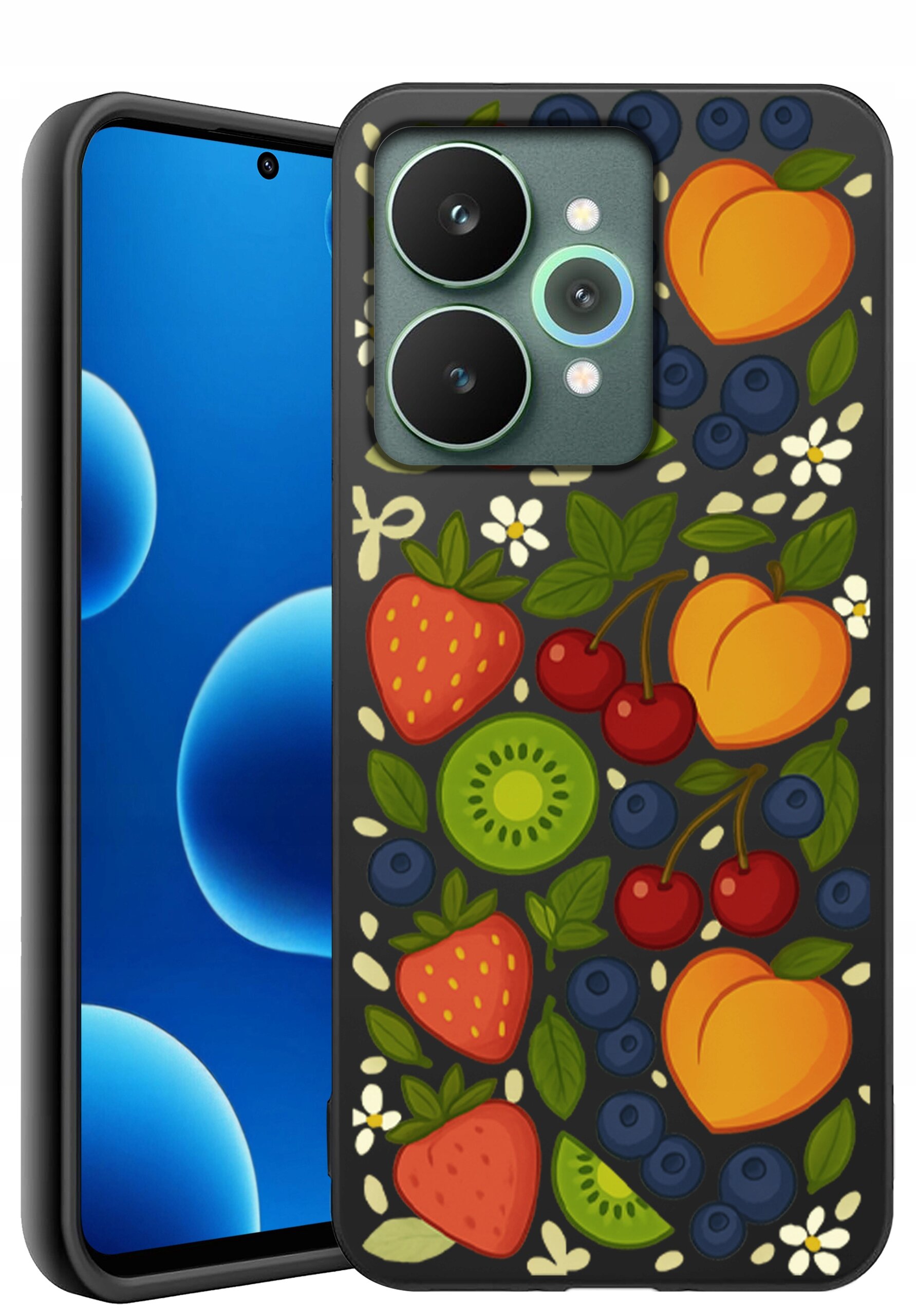 Etui na telefon z kolorowym wzorem owoców, takich jak truskawki, kiwi, wiśnie, brzoskwinie i jagody, na ciemnym tle. Obok widoczny jest telefon z wyświetlaczem pokazującym niebieskie bąbelki na czarnym tle.