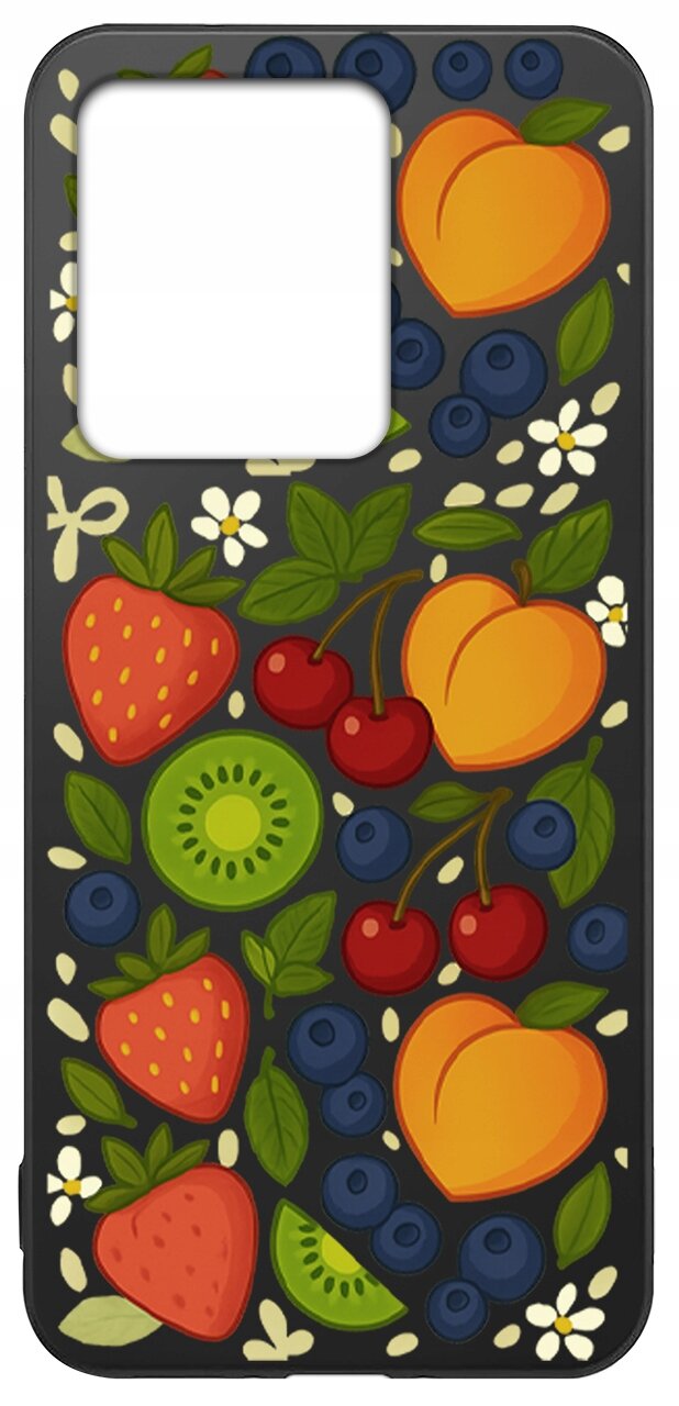 Etui na telefon z kolorowym wzorem owoców, w tym truskawek, kiwi, brzoskwiń, wiśni i jagód, na ciemnym tle.