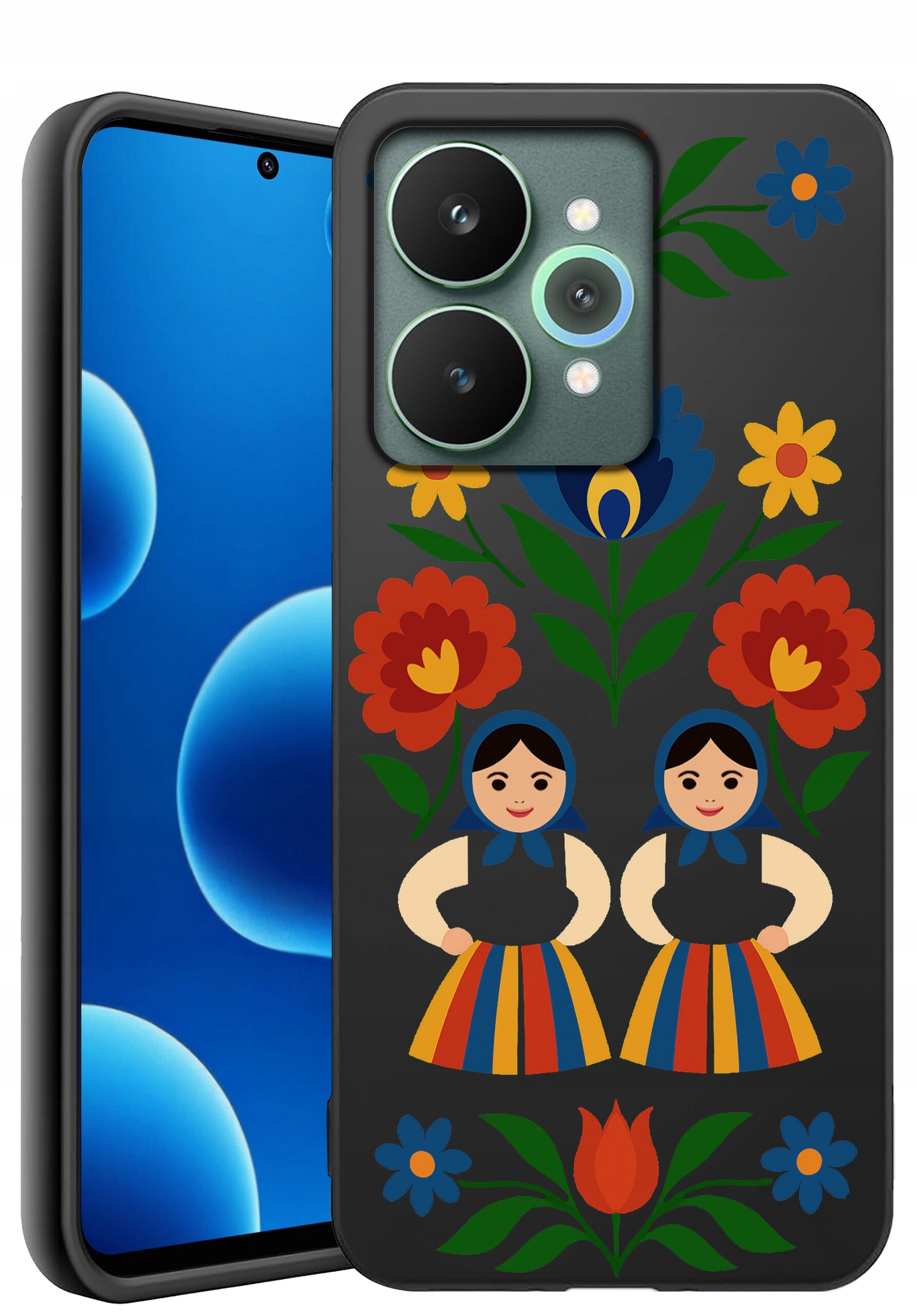 Etui na telefon z kolorowym wzorem przedstawiającym dwie postacie w tradycyjnych strojach oraz kwiaty. Telefon obok etui ma wyświetlacz z niebieskimi bąbelkami na ekranie.