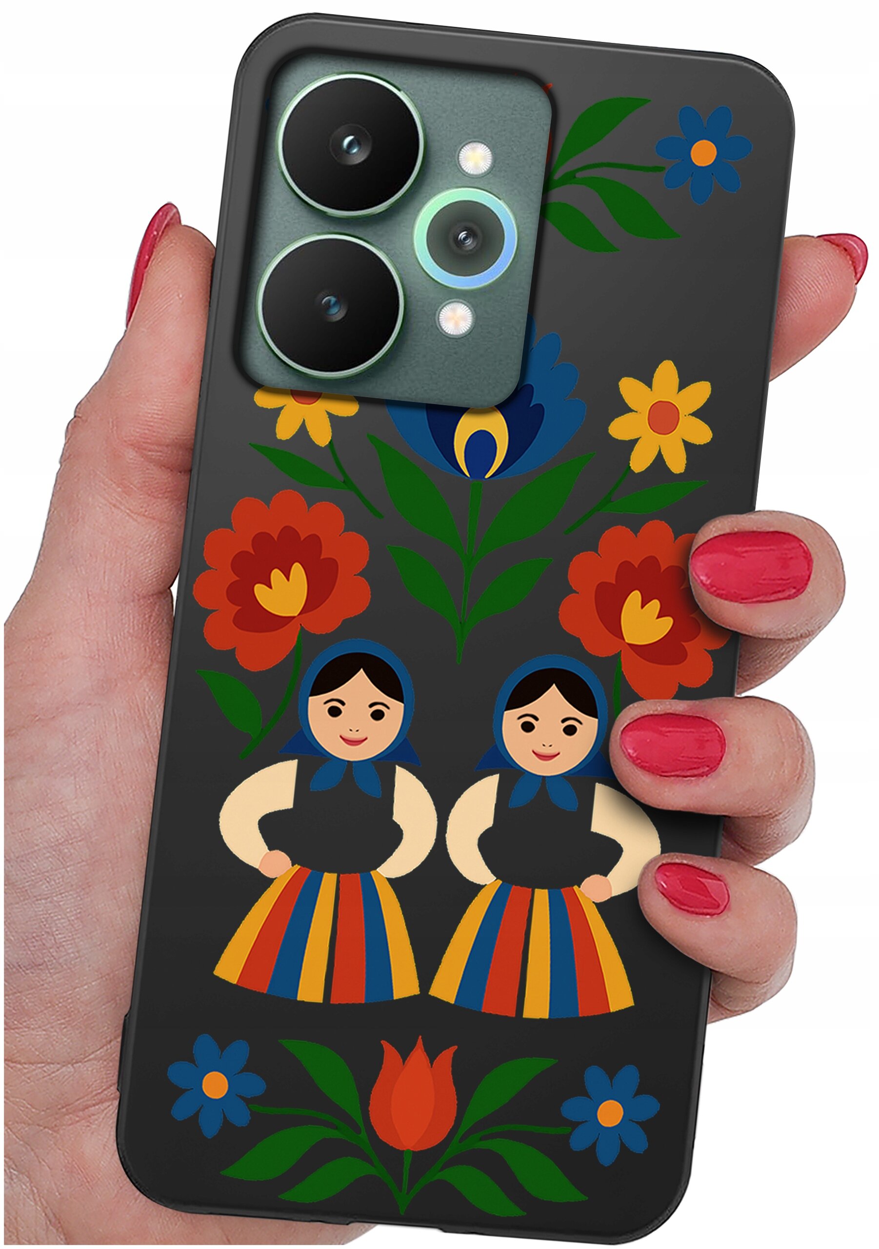 Etui na telefon z kolorowym wzorem przedstawiającym dwie postacie w tradycyjnych strojach oraz kwiatowe motywy. Etui jest trzymane w dłoni z pomalowanymi na czerwono paznokciami.