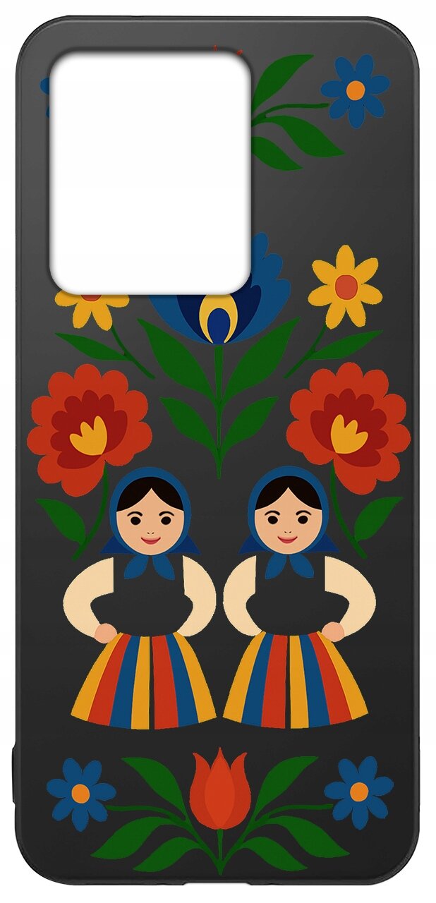 Etui na telefon z kolorowym wzorem przedstawiającym dwie postacie w tradycyjnych strojach oraz kwiaty w żywych barwach na czarnym tle.