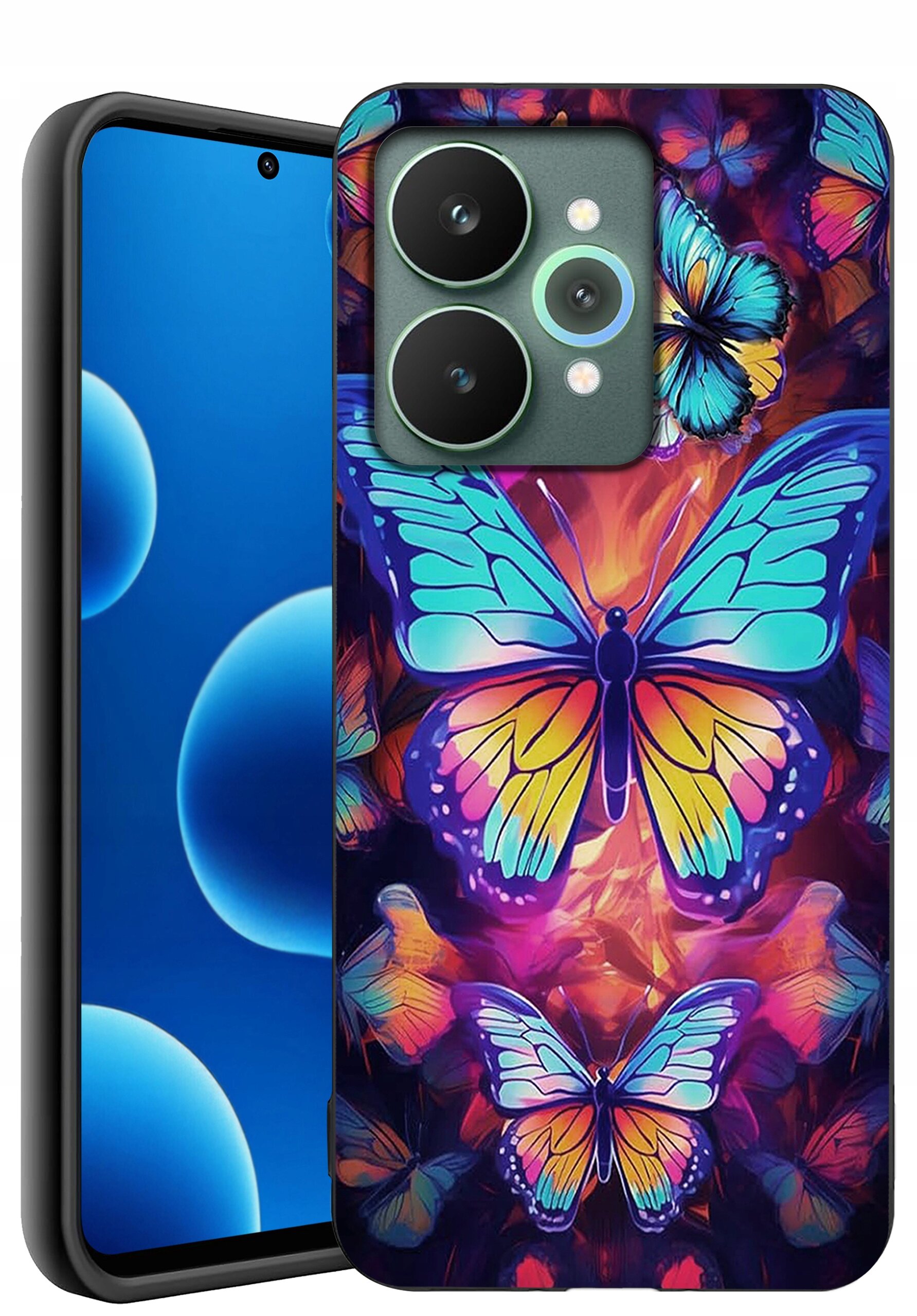 Etui na telefon z kolorowym wzorem motyli na tle w odcieniach fioletu i pomarańczu. Obok widoczny jest ekran telefonu z niebieskim motywem graficznym.