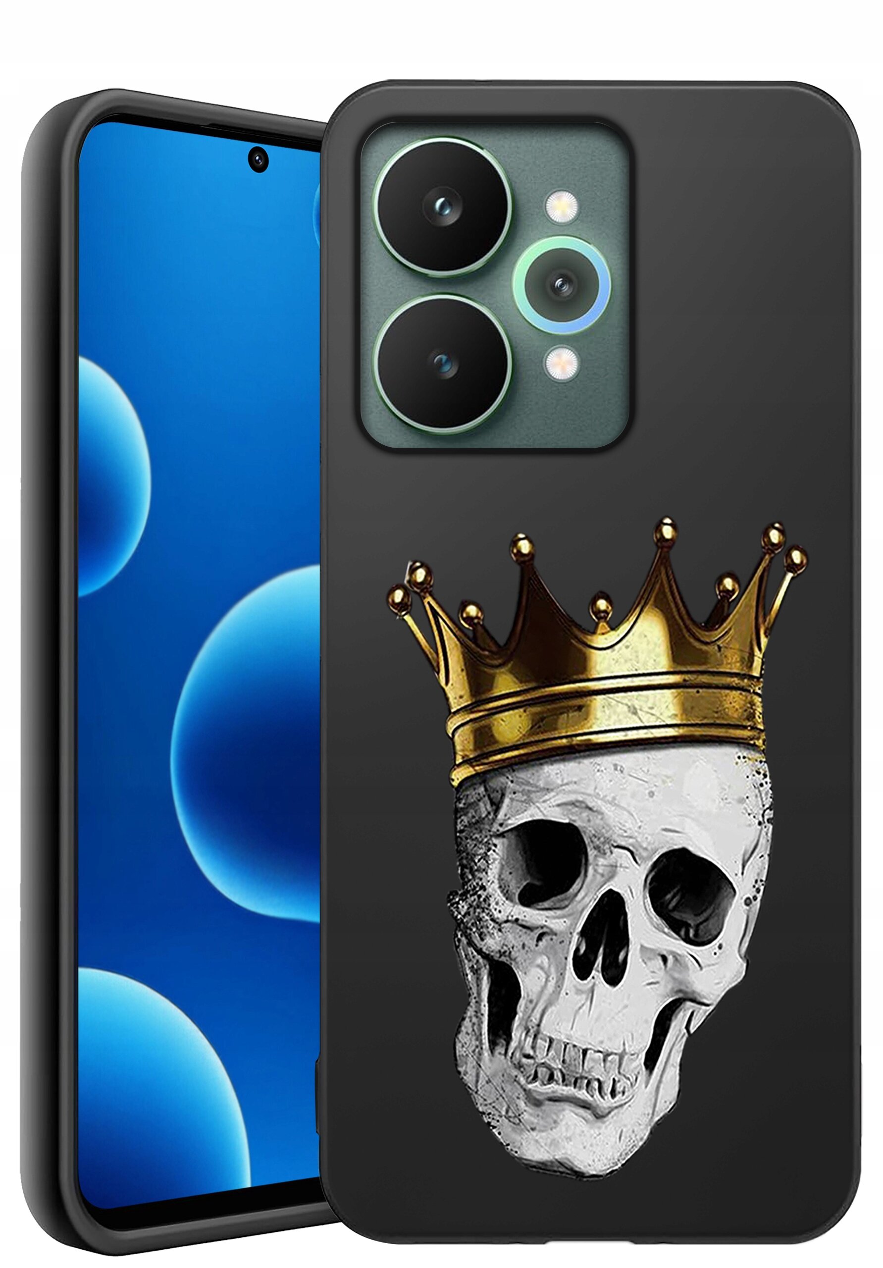 Etui na telefon z nadrukiem czaszki w złotej koronie. Obok widoczny telefon z niebieskim ekranem z okrągłymi wzorami.