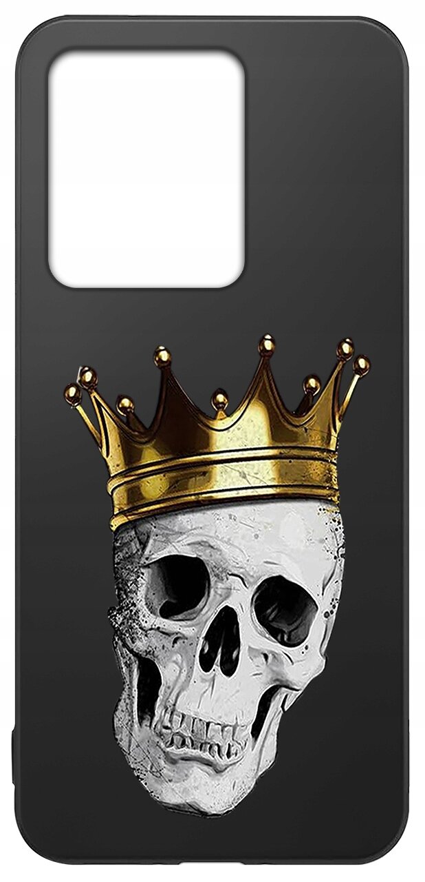 Czarne etui z nadrukiem czaszki noszącej złotą koronę. Etui ma wycięcie na aparat w górnej części.