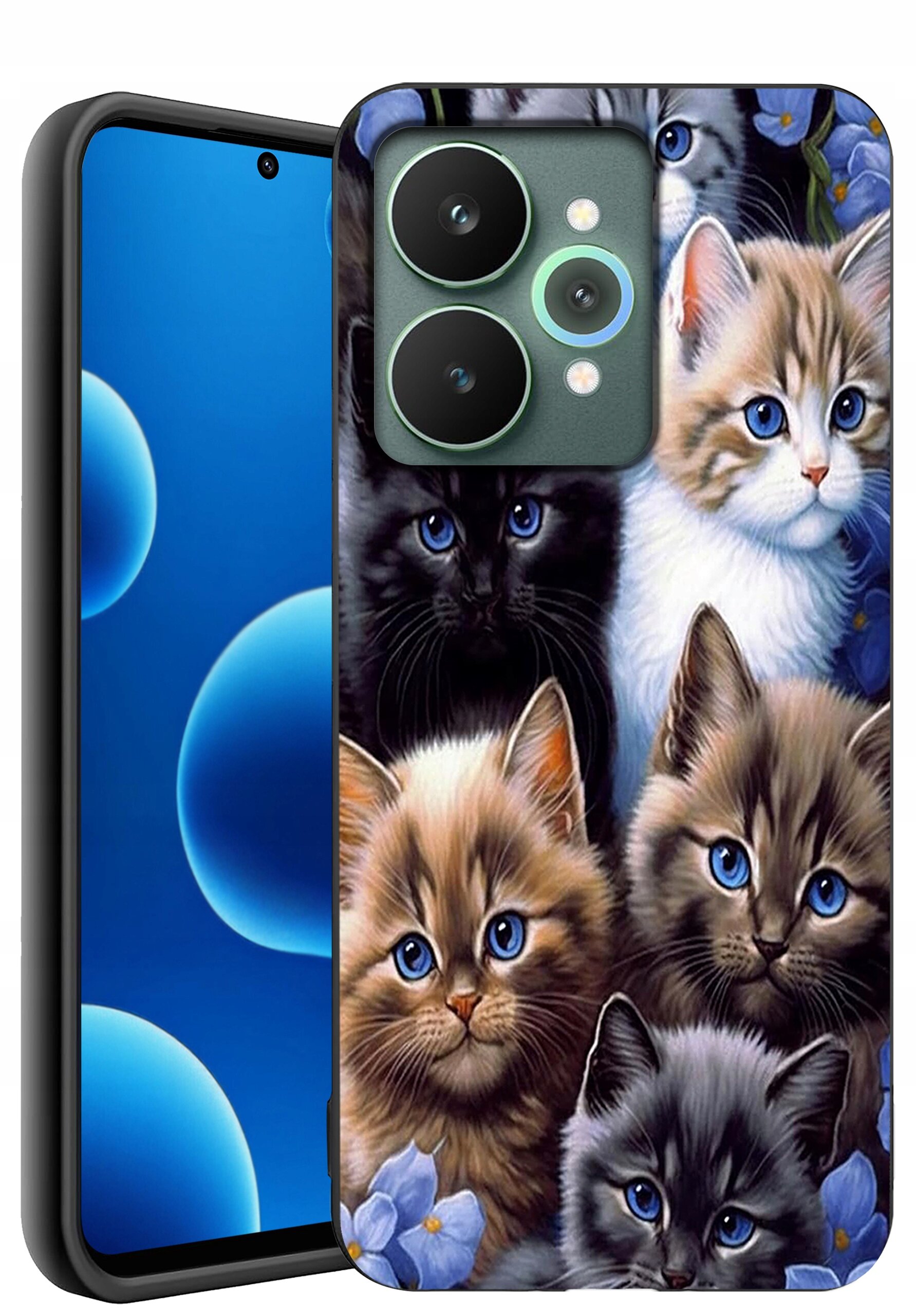 Etui na telefon z wzorem przedstawiającym kilka kolorowych kotów z niebieskimi oczami. Obok etui widoczny jest telefon z wyświetlaczem pokazującym niebieskie okręgi na czarnym tle.