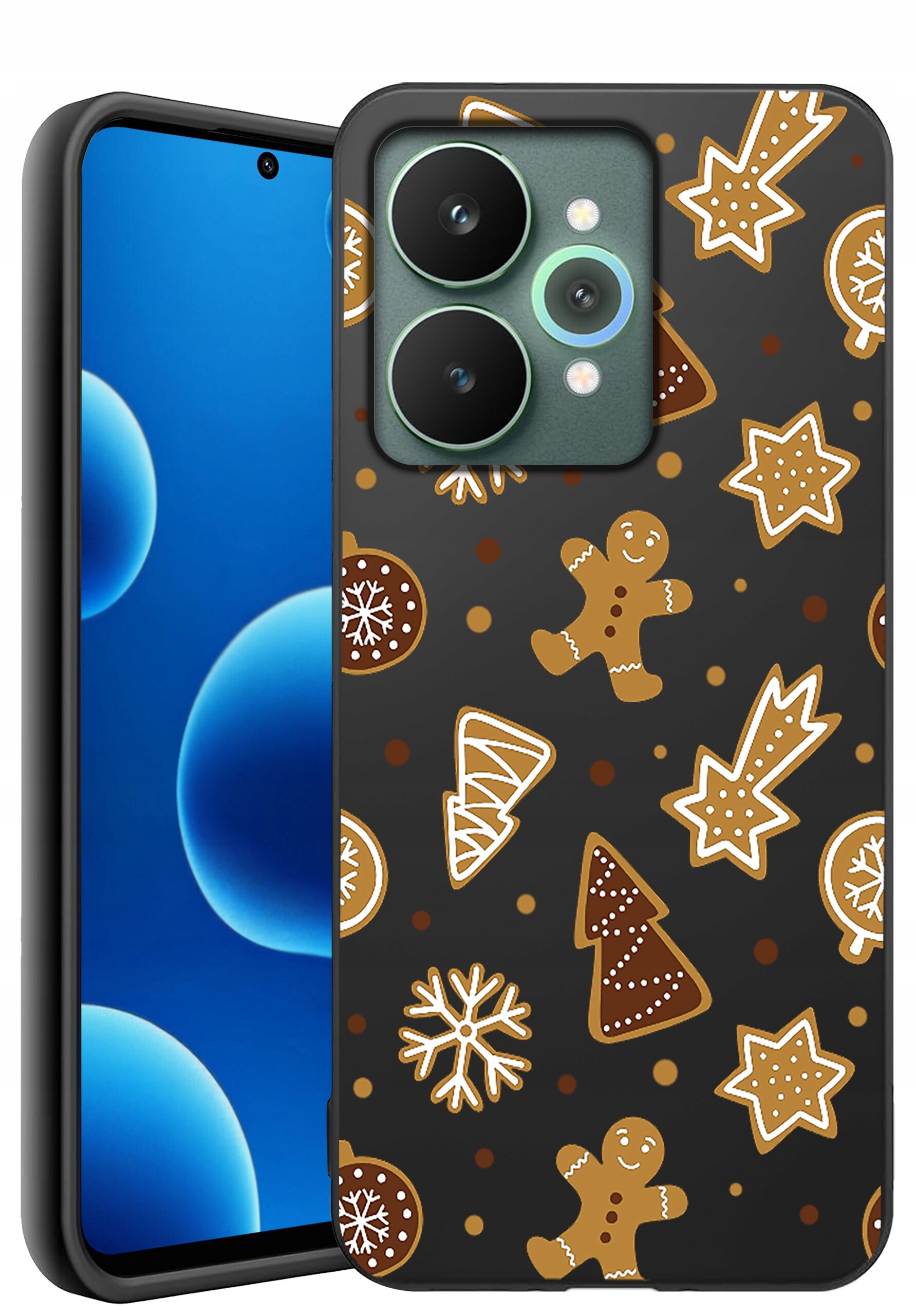 Etui na telefon z motywem świątecznych pierników, gwiazdek i choinek na ciemnym tle. Obok widoczny jest telefon z niebieskim ekranem.