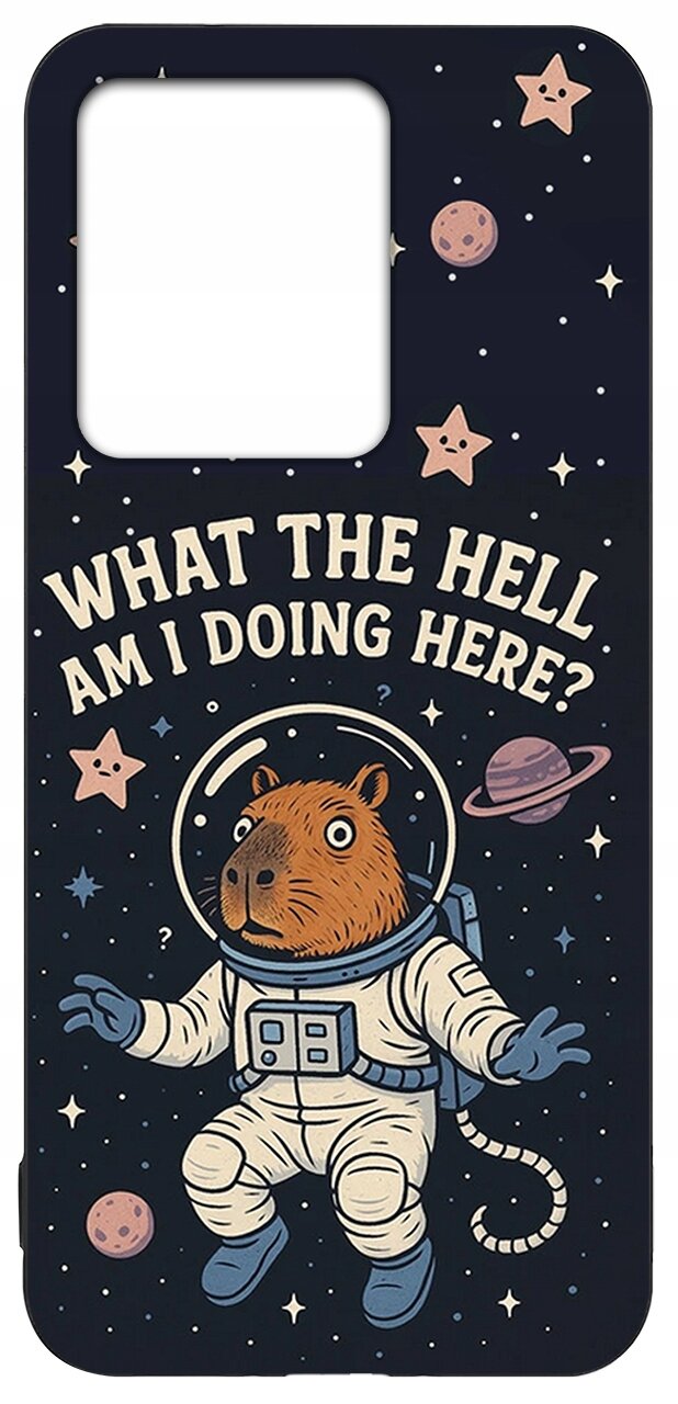 Etui z nadrukiem przedstawiającym zwierzę w skafandrze kosmicznym na tle gwiazd i planet. Na etui znajduje się tekst: \'WHAT THE HELL AM I DOING HERE?\'.